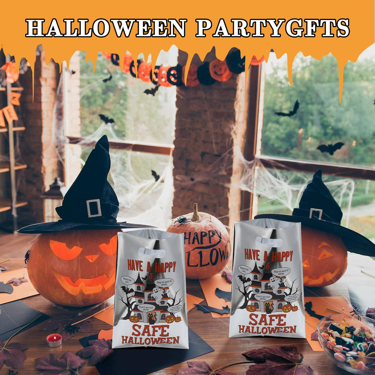 Hosuly 100 Pcs Halloween Reflective Goodie Bags Bulk Have a Safe&happy Halloween Plastic Gift Bags Safety Tips Treat with Handles for Trick or Treat Theme Party Favors