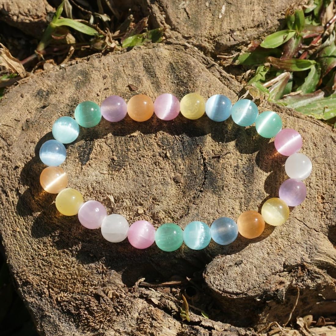8mm Rainbow Selenite Bracelet - Iridescent Natural Crystal | Handmade Meditation Bracelet with Cat-Eye Effect | Come with Beading Tool Kit - Adjustable to 6.5-7.5 inches Wrist Size