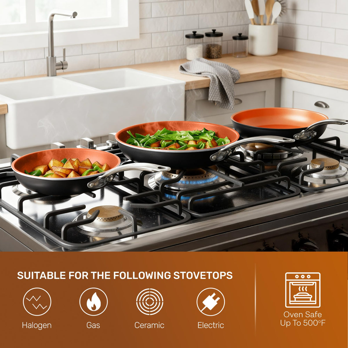 Gotham Steel 9.5 Inch Copper Non Stick Frying Pans, Ceramic Non Toxic Frying Pans Nonstick Skillet Made Without PFOA PFOS, Lightweight, Stay Cool Handle, Oven and Dishwasher Safe