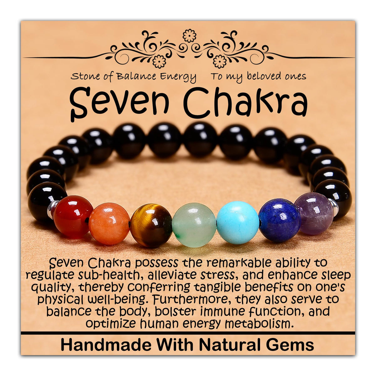 CHCCOYE 8mm Natural Healing Gemstone Bracelet Handmade Yoga Stretch Elastic Bracelet Stress Relief Crystal Jewelry for Men and Women (8mm, Seven Chakra Stones)