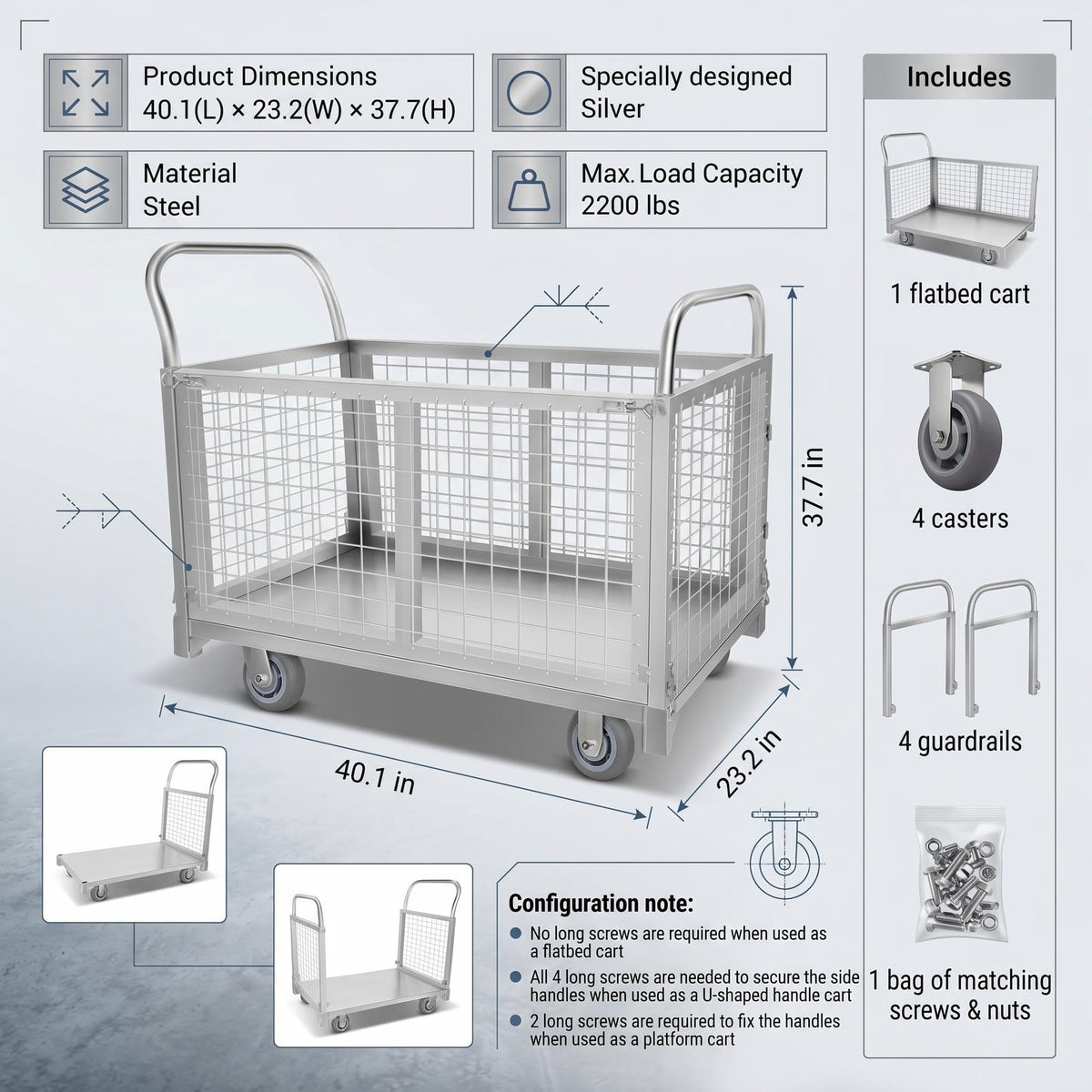2200 LBS 4-in-1 Cart, Platform Truck Cart with maidian, 360° Direction Wheel Platform cart, Rust Resistant Steel Cage, for Grocery Store, Garage & Warehouse use