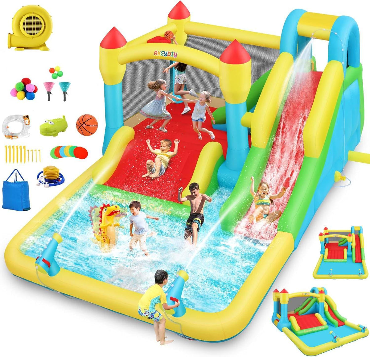 AKEYDIY Bounce House Water Slide for Kids 3-12 - Outdoor/Indoor Inflatable Water Bounce House with 3 Slides, Climbing Wall, Ball Pit & Jumping Area - Water Bouncy House Includes Blower (15.6ft x 11ft)