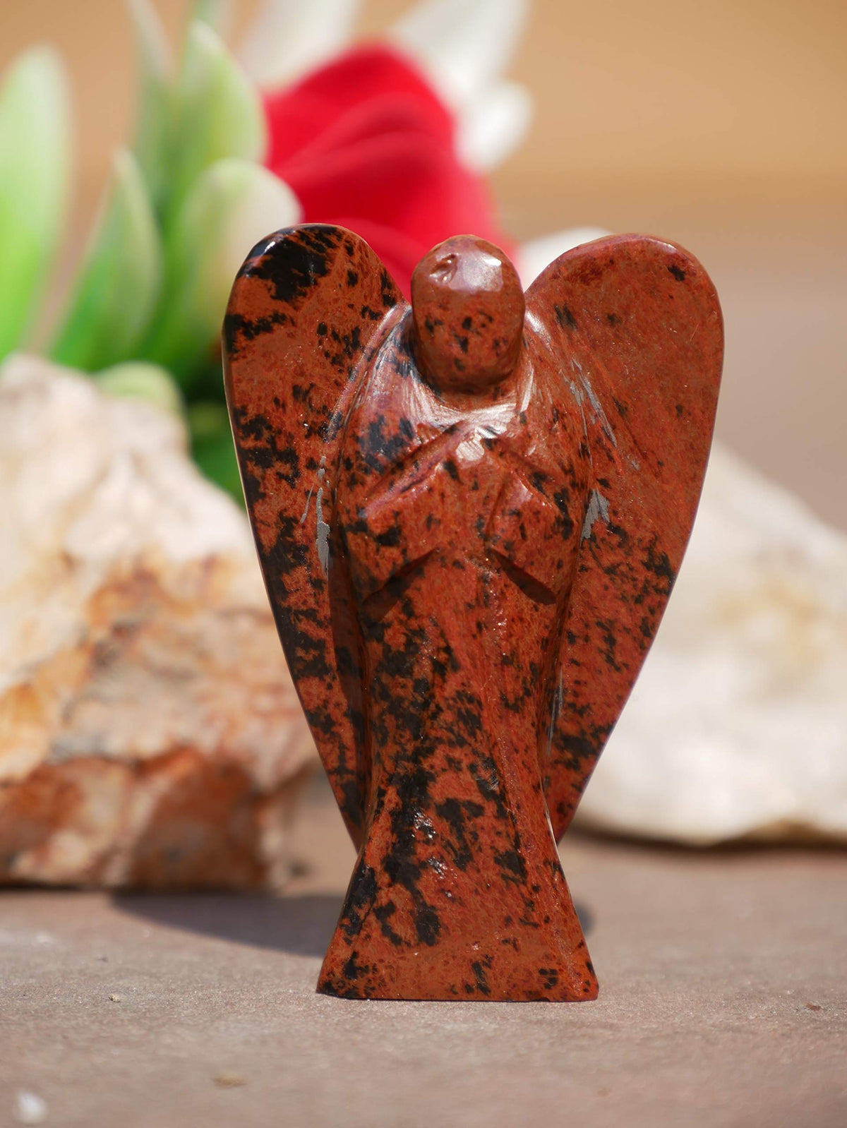 "Mahogany Obsidian Gemstone Guardian Angel Healing Crystal, Hand Carved Pocket Angel Figurine - Handmade Mini Statue for Love, Peace & Healing, Crystals for Positive Energy, Natural Gemstone Figurine"