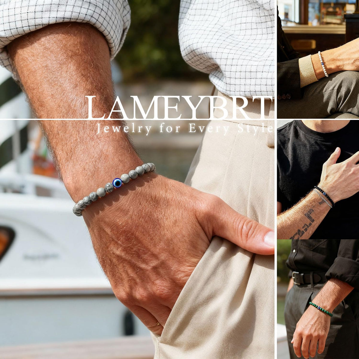 Lameybrt Evil Eye Bracelet 6mm Natural Stretch Adjustable Beaded Bracelets for Men (A06 Cartographic stone, M (6.6"-7.5"))