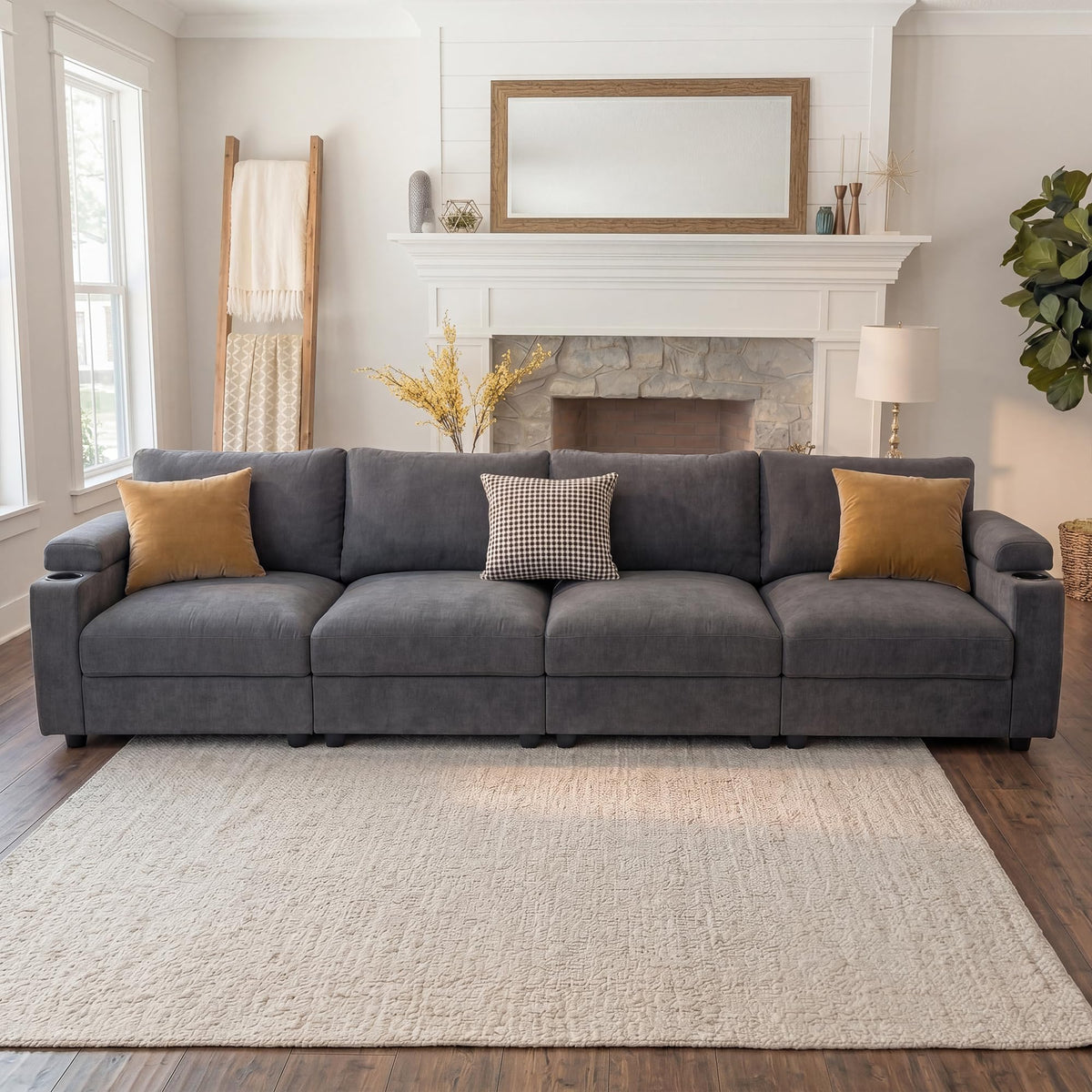 Sectional Couches for Living Room FSC Certified Velvet Modular Couch Oversized Cloud U Shaped Convertible Sleeper Sofa Chaise Detachable Armrest Cushion (Velvet Grey, 4 Seat)
