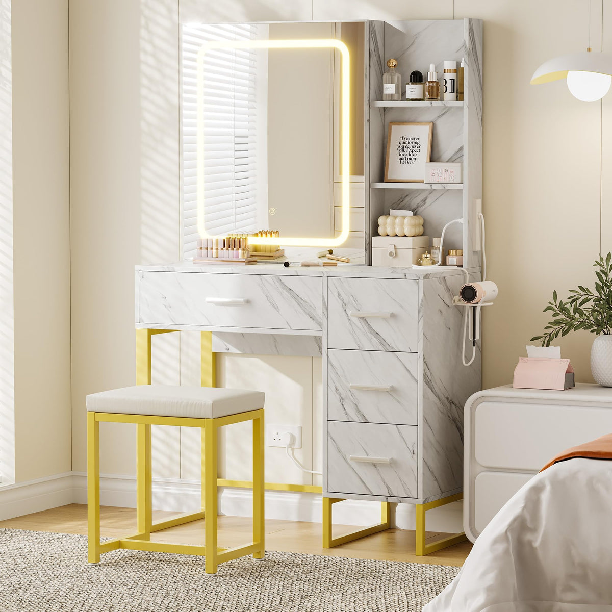 57'' Large Vanity Desk with Mirror & Lights, Makeup Vanity Table with Charging Station, 3 Lighting Modes, Elegant Vanity Set with 4 Drawers and Shelves, Cushioned Stool,Marble White