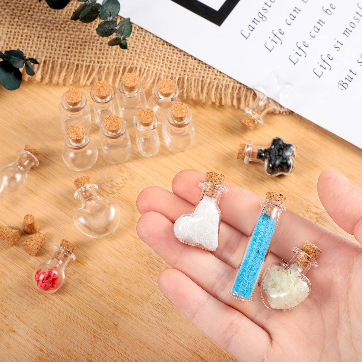 Patelai 50 Pieces Small Mini Glass Jars Bottles with Cork Stopper 10 Style Christmas Wishing Glass Cork Bottle and 50 Pieces Eye Screws for Wedding Birthday Christmas Party Home Decoration