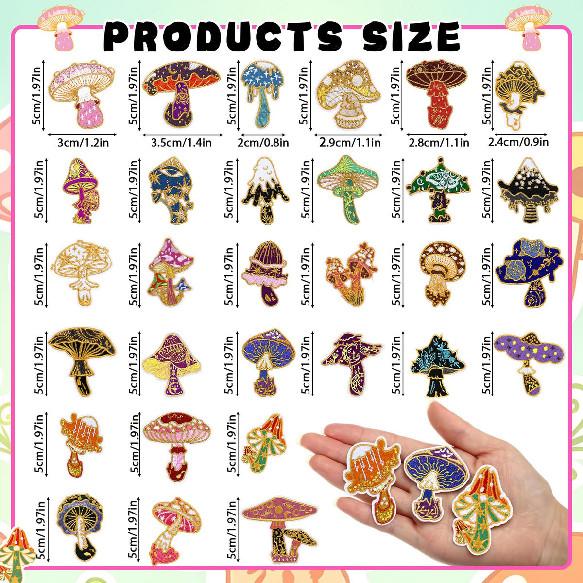 Thiccywoov 120 Pcs Iron on for Clothing Patches Mini Retro Patches Appliques Iron on Sew on Embroidered Stickers for DIY Gift Jackets Jeans Backpacks Hats Dress Pants Shoes Craft (Mushroom)