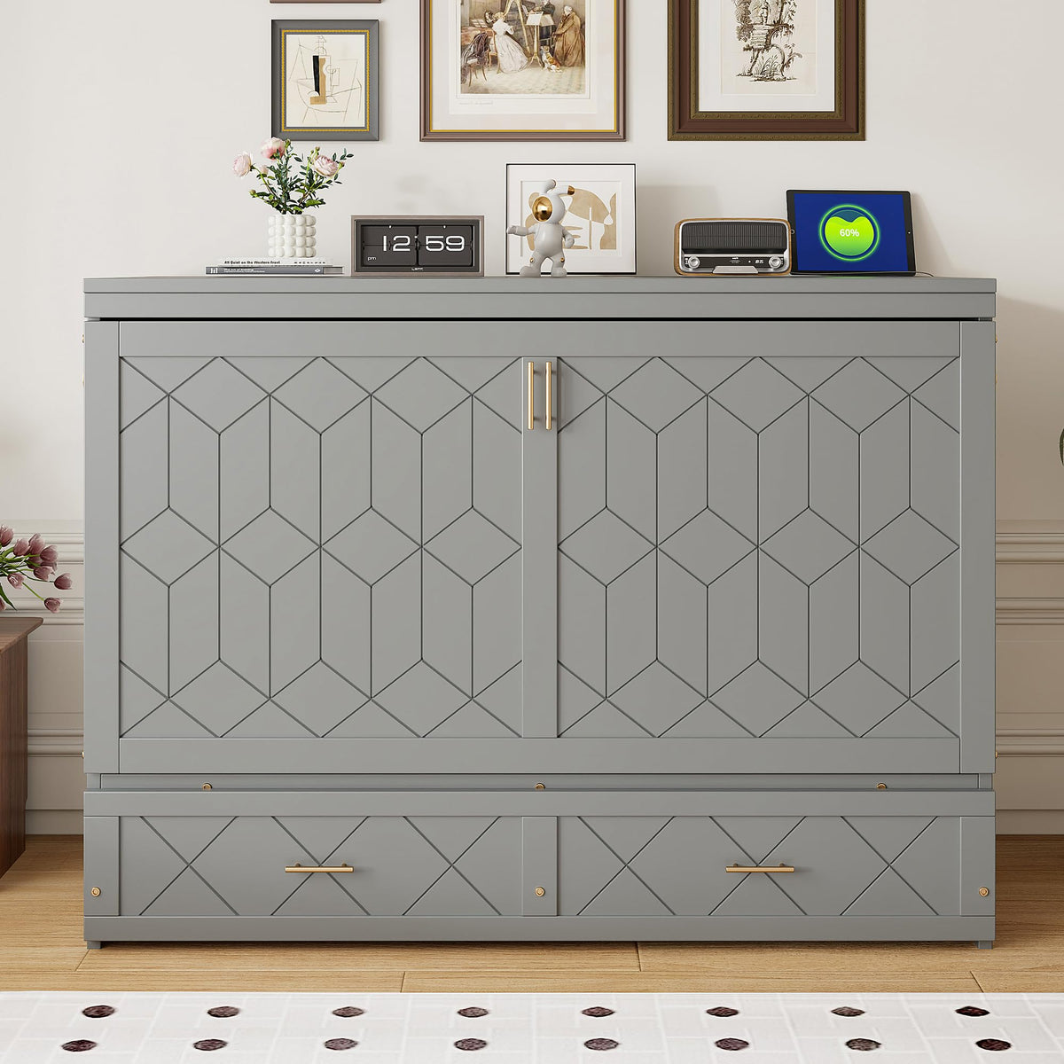 Merax Queen Size Murphy Cabinet Bed with Storage Drawers, Wall Murphy Bed with a Set of Sockets & USB Ports, Folding Platform Bed for Small Room