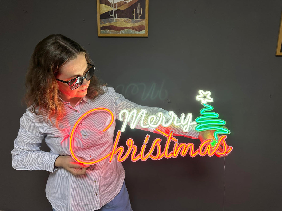 BONPERLA Merry Christmas Decor, Christmas Wall Art, Neon Metal Wall Art, Hanging Lighted Merry Christmas Decor, Neon Wall Sign, Home Office Hotel Pub Bar Cafe Wall Decor (Without Remote Control)