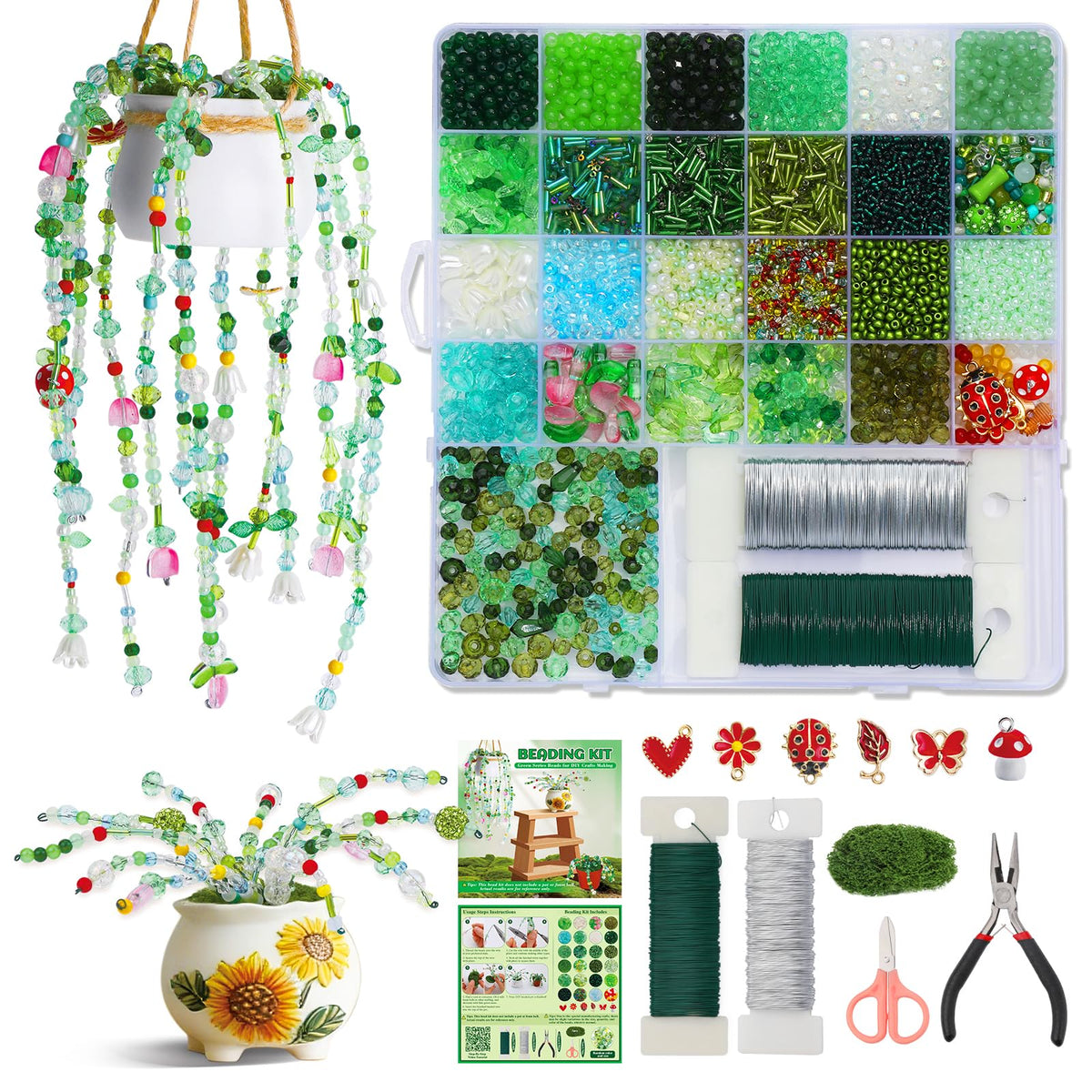 GarfxG Beaded Plant Kit, Green Glass Beads Plants Kit, Forever Plant Beads Green Beads with Step by Step Instructions, Video Tutorials, DIY Making Tools for Home Decor Jewelry Making DIY Craft