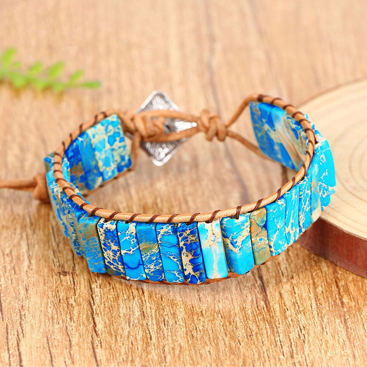 KunBead Blue Chakra Imperial Jasper Bracelets for Women Healing Crystal Natural Stone Bead Leather Wrap Handmade Rope Adjustable Bracelets