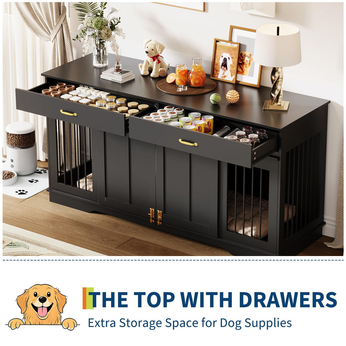 GarveeHome 71'' Double Wooden Dog Crate Furniture for 2 Dogs, with Removable Divider, Sliding Door & 2 Drawers, Decorative TV Stand for Living Room, Fits Small Medium Large Dogs