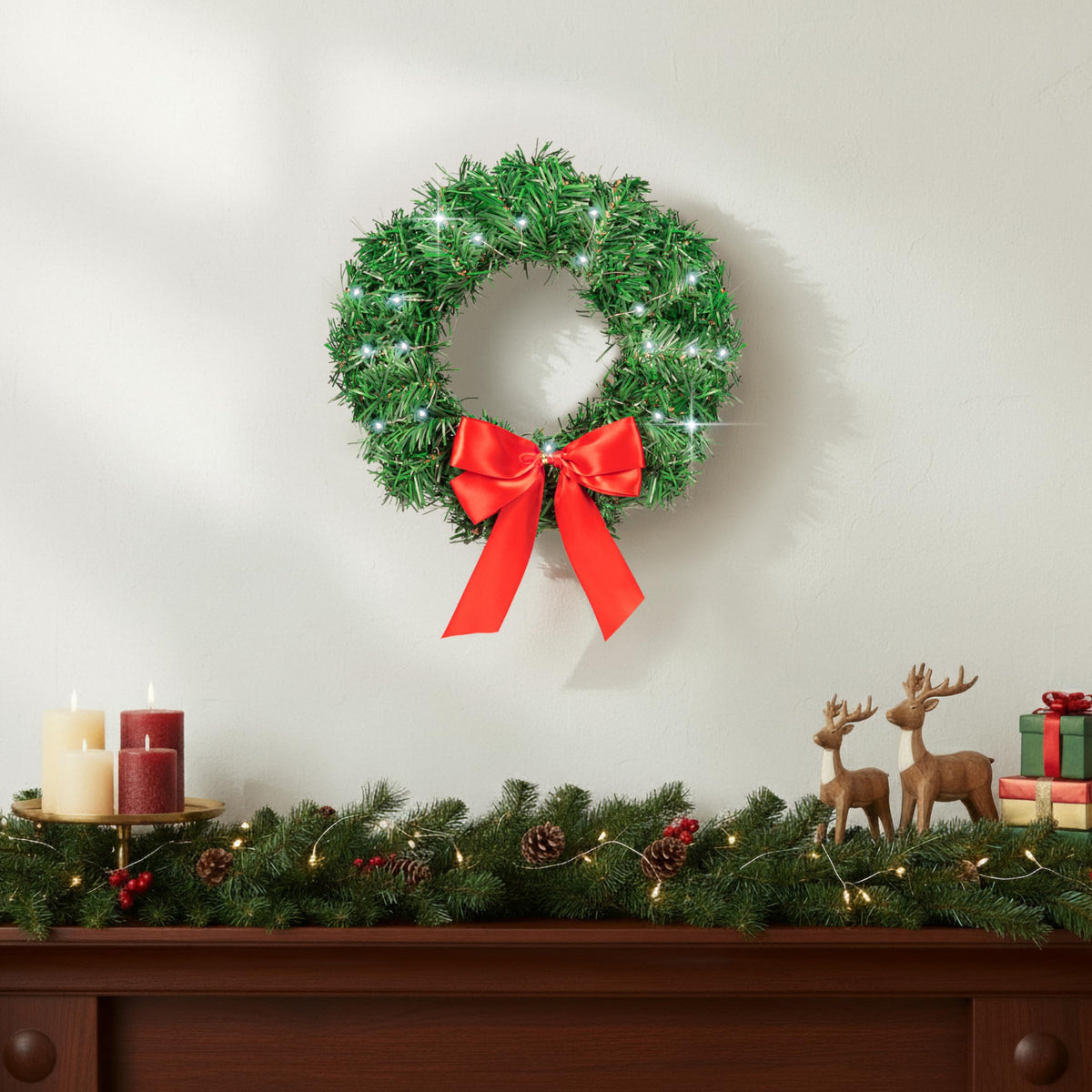 Carbella Christmas Wreath for Car Truck SUV Van, LED Light Up with Red Bow Decoration Ornament Mount Xmas Artificial Pine Water-Proof Winter Holiday Wreath Mounting Hardware Included (11" x 11")