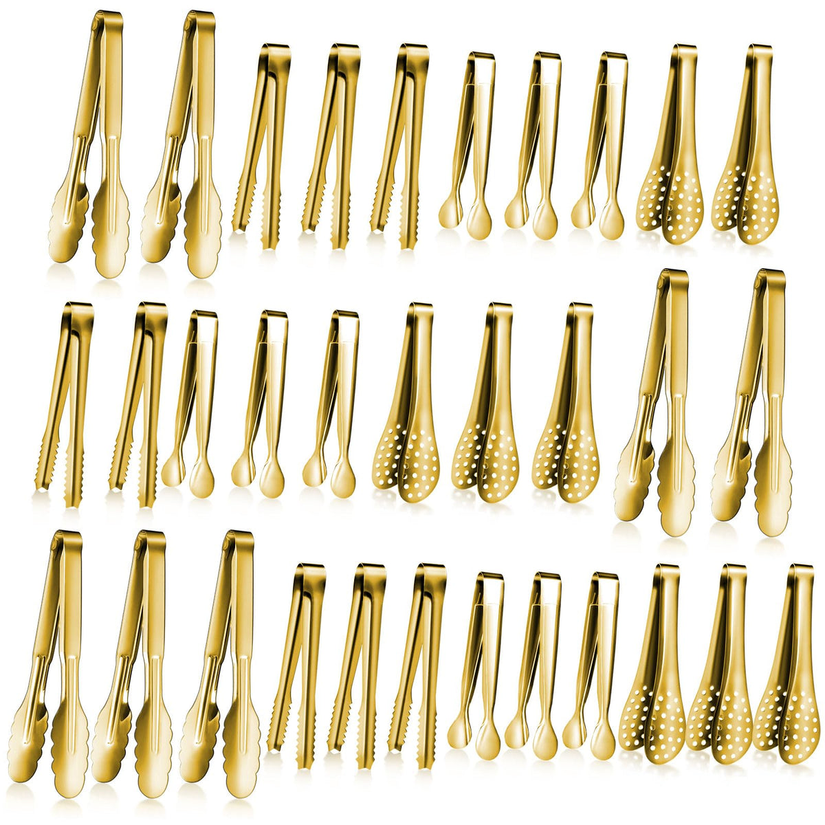 Mumufy 32 Pcs Mini Serving Tongs Buffet Serving Utensils Stainless Steel Small Tongs Catering Kitchen for Appetizer Tea Party Coffee Bar Food Ice Salad Barbecue Cookies Sugar, 4 Styles(Gold)