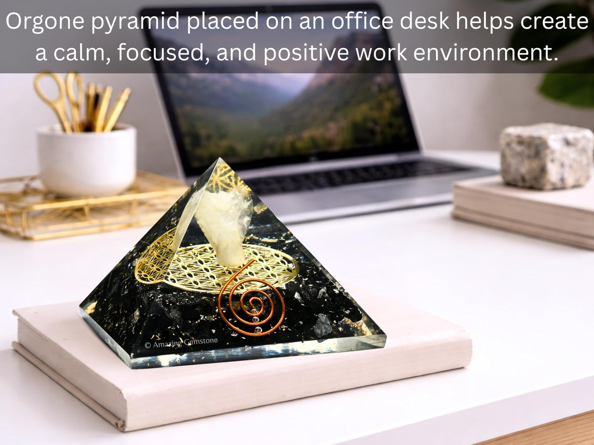Amazing Gemstone Large Black Tourmaline Orgone Pyramid Crystal, Guardian Angel with Flower of Life Orgonite Pyramid - Positive Energy Healing