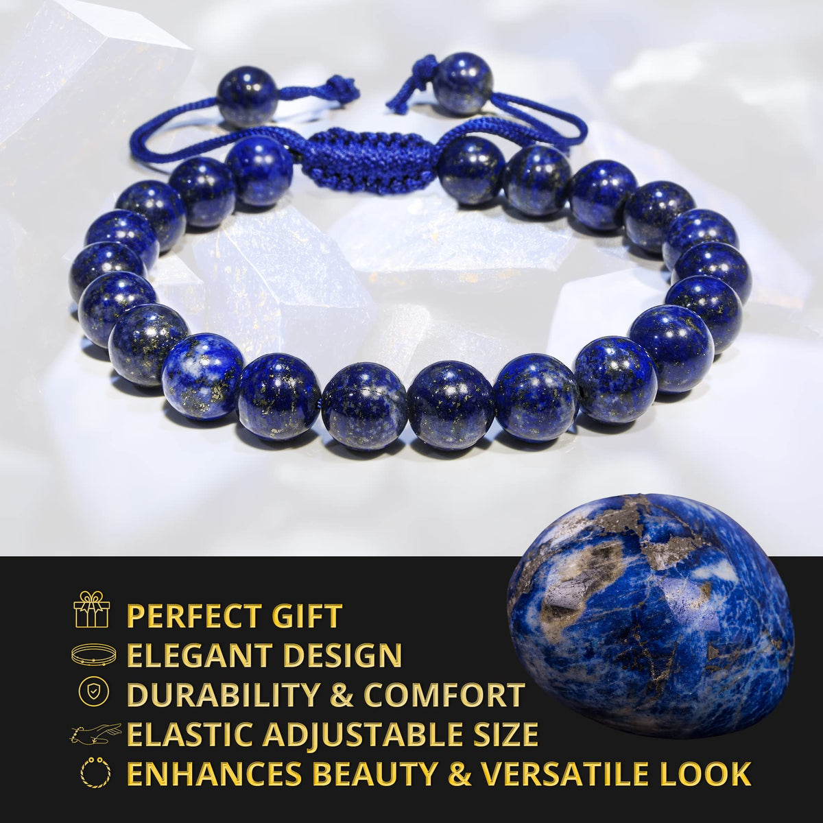 ANAYA AGATE Healing Crystal Bracelet – Chic Gemstone Bracelet for Men and Women – 8mm Round Bead Bracelets for Spiritual Healing, Protection, Positive Energy - Lapis Lazuli