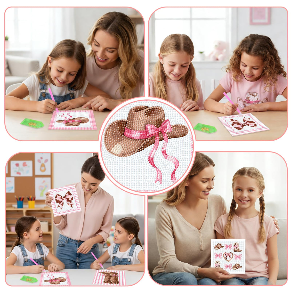 SHADOAMP Western Cowgirl Diamond Art Kit Set of 4 - DIY Rhinestone Canvas Craft Featuring Pink Bows, Hats & Boots Designs, Creative Diamond Art Kits for Home Decor and Family Craft Projects