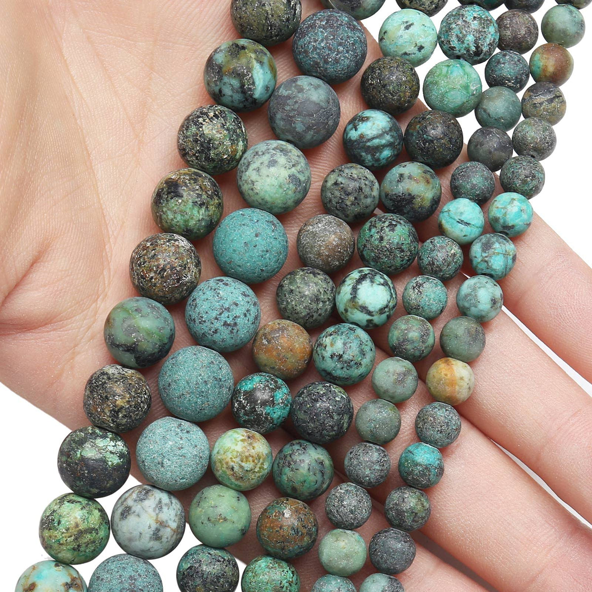 Natural Matte African Turquoise Beads, 8MM Round Frosted Unpolished Loose Gemstone Beads for Bracelet Necklace Jewelry Making, Energy Stone Healing Power with Stretch Beading Cord