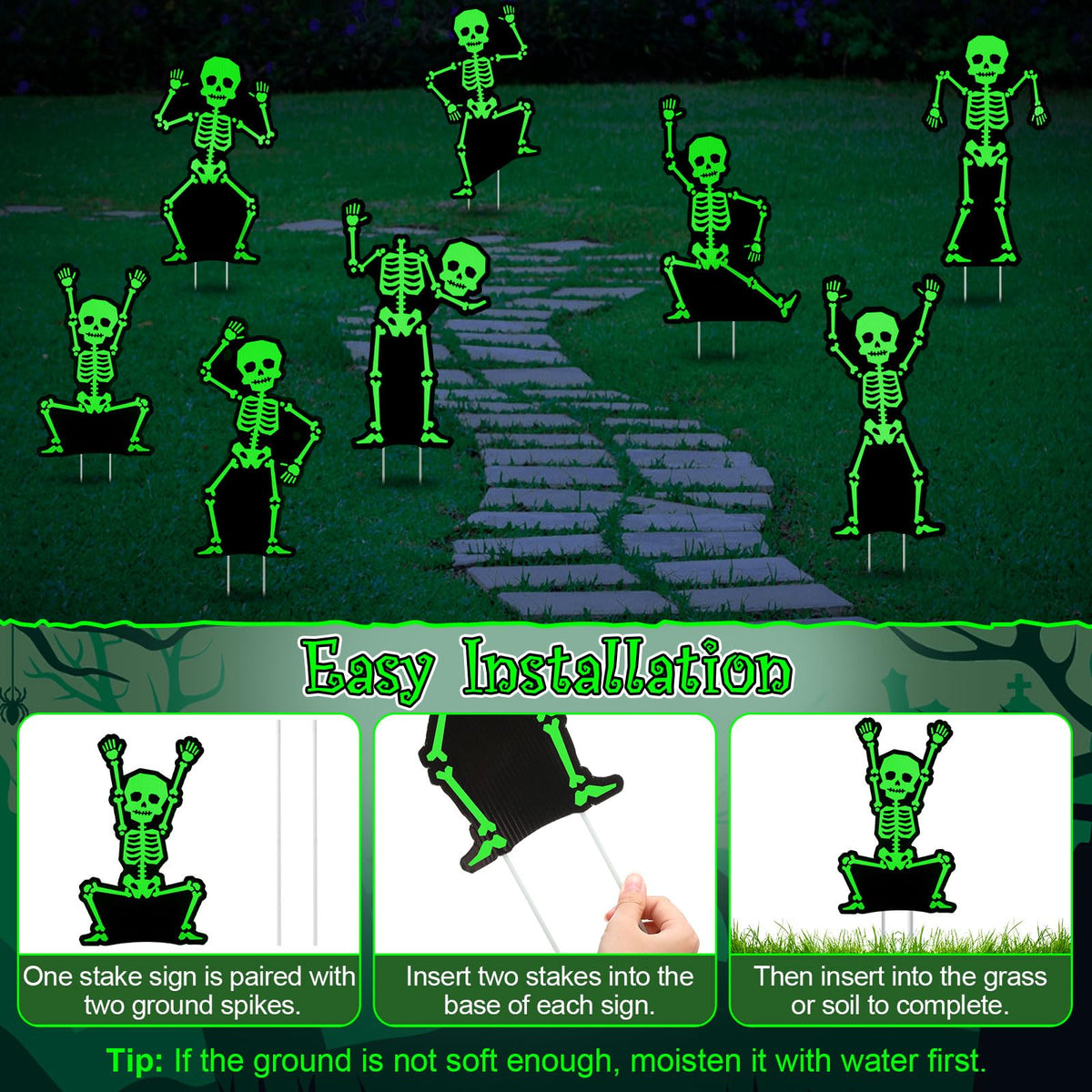 Jetec 8 Pcs Halloween Outdoor Decorations Glow in The Dark Skeleton with Stakes Luminous Halloween Graveyard Decoration Funny Skeleton Yard Signs for Outdoor Lawn Yard Garden
