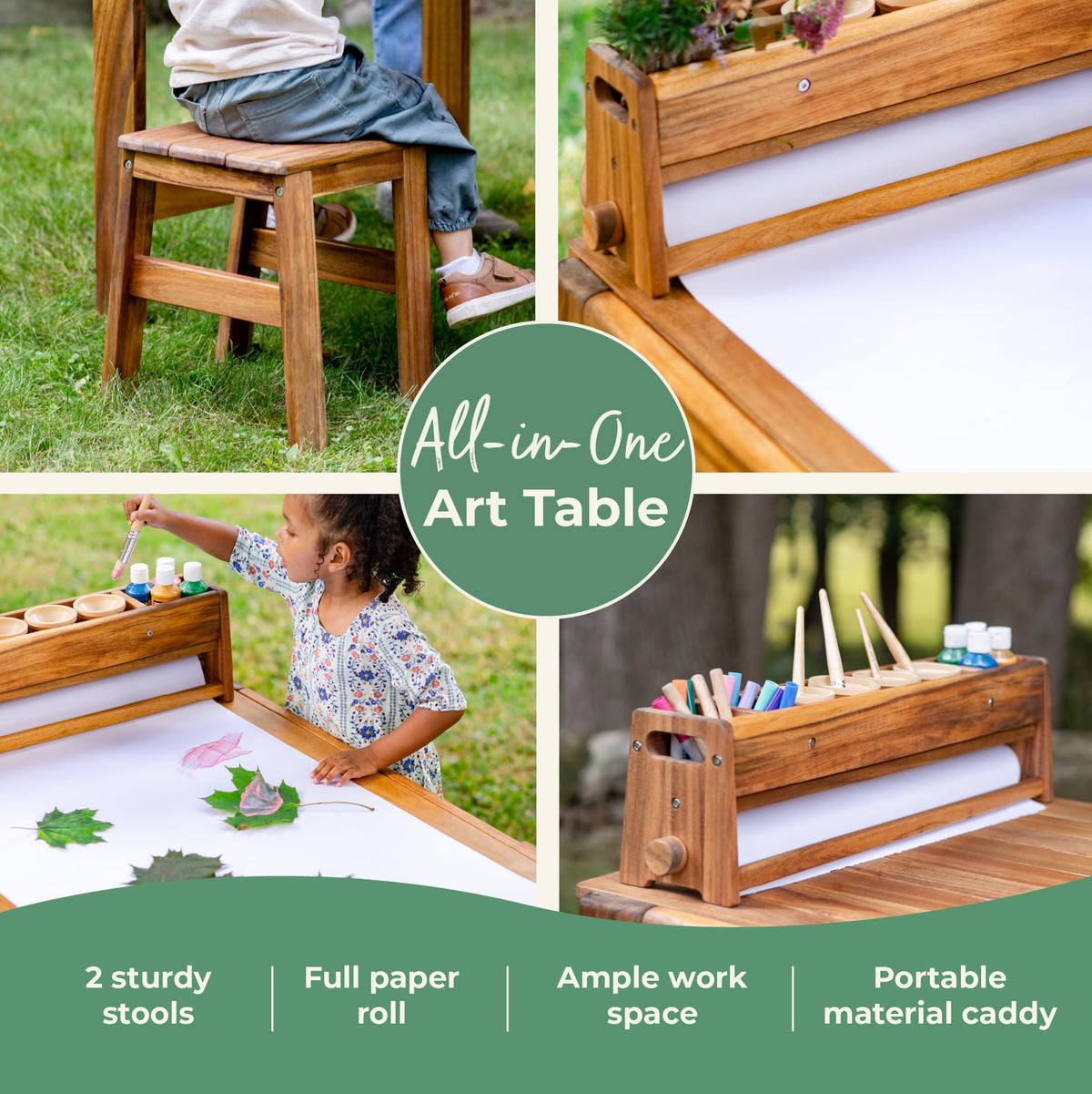 Guidecraft Acadia Outdoor Art Table and Stool Set: Kids Acacia Wood Arts and Crafts Table w/ 2 Chairs, Mobile Storage Paper Roll, and Paint Cups for Drawing, Painting and Toddler Picnic Activities