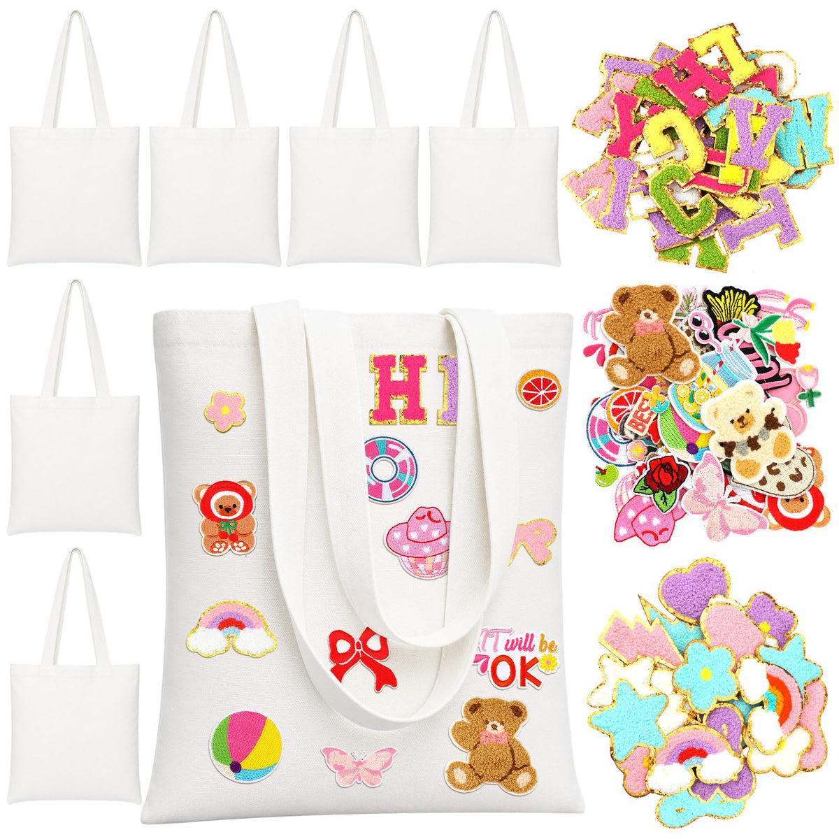 Meanplan 8 Pack DIY Canvas Tote Bag Bulk Tea Party Favors for Women with 119pcs Embroidered Patches Creative Craft Resuable Blank Canvas Bags DIY for Birthday Bachelorette Party Craft