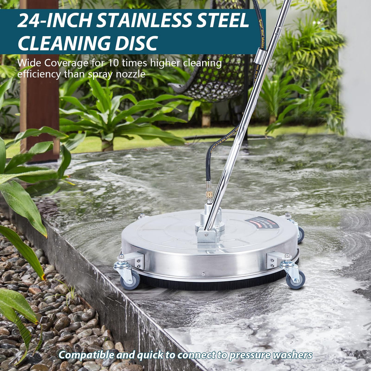 24" Stainless Steel Surface Cleaner for Pressure Washer, 4000 PSI Max Power Washer Attachment with Dual Rotating Nozzles, 4 Wheels, Adjustable Handle for Driveway, Patio, Sidewalk