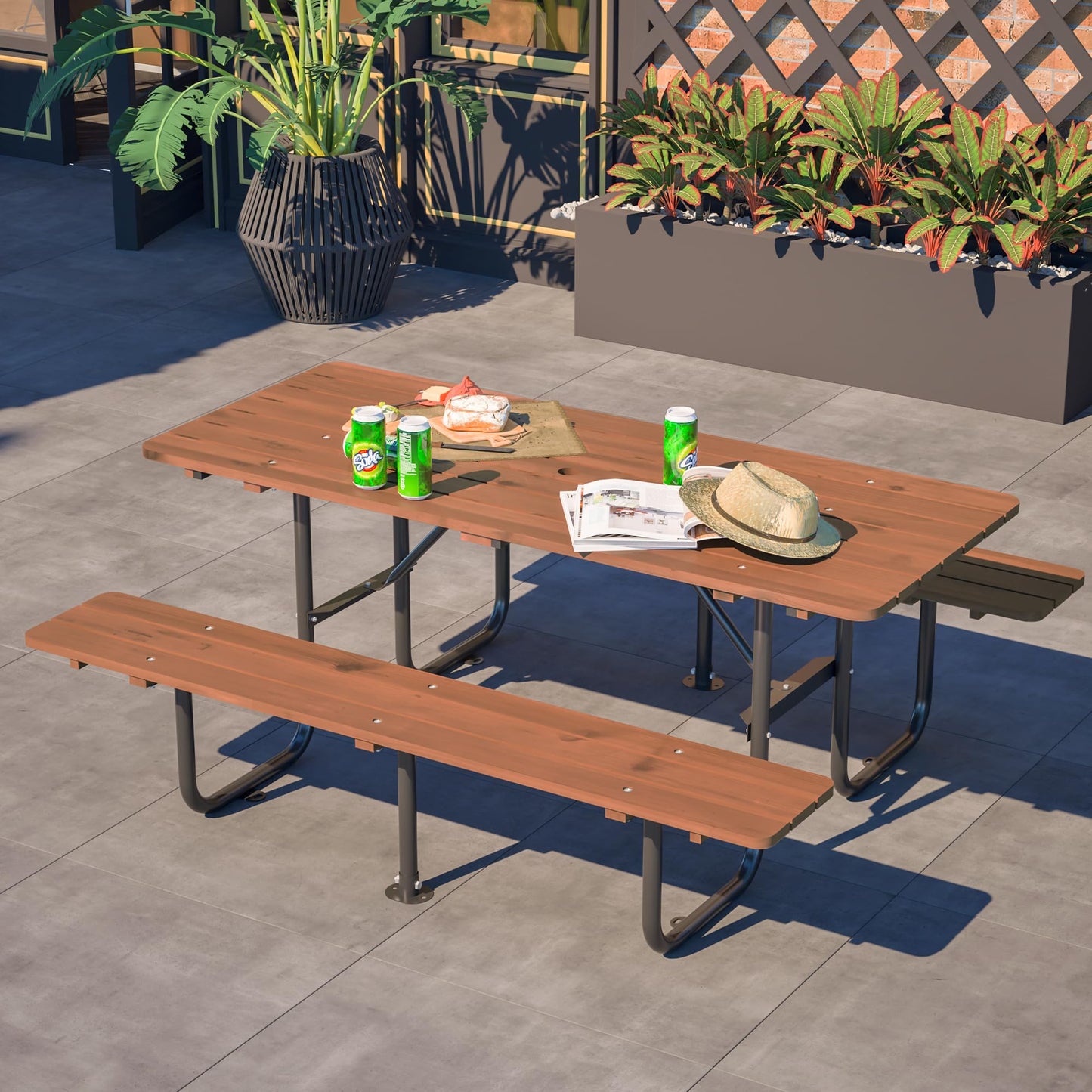 VroomAuto Outdoor Picnic Table for 6 with Benches, 72 Inch Rectangular Waterproof Wooden Dining Set, Heavy Duty for Garden Backyard Patio BBQ