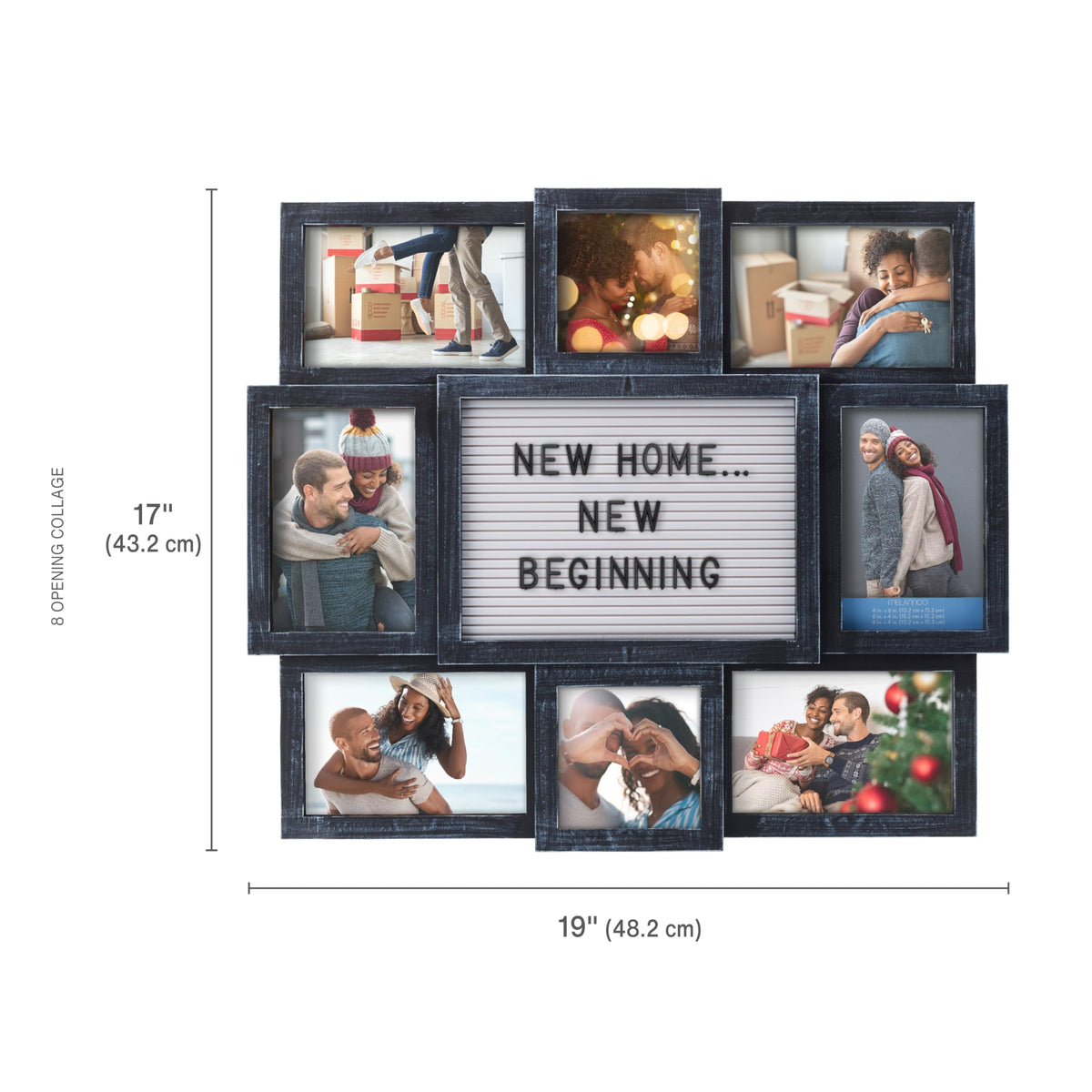 MELANNCO Collage Picture Frame with Letter Board, 8 Opening Photo Display for 4x6 and 4x4 Photos, 19 x 17 Inch Wall Decor with 144 Changeable Letters, Numbers and Symbols, Distressed Black