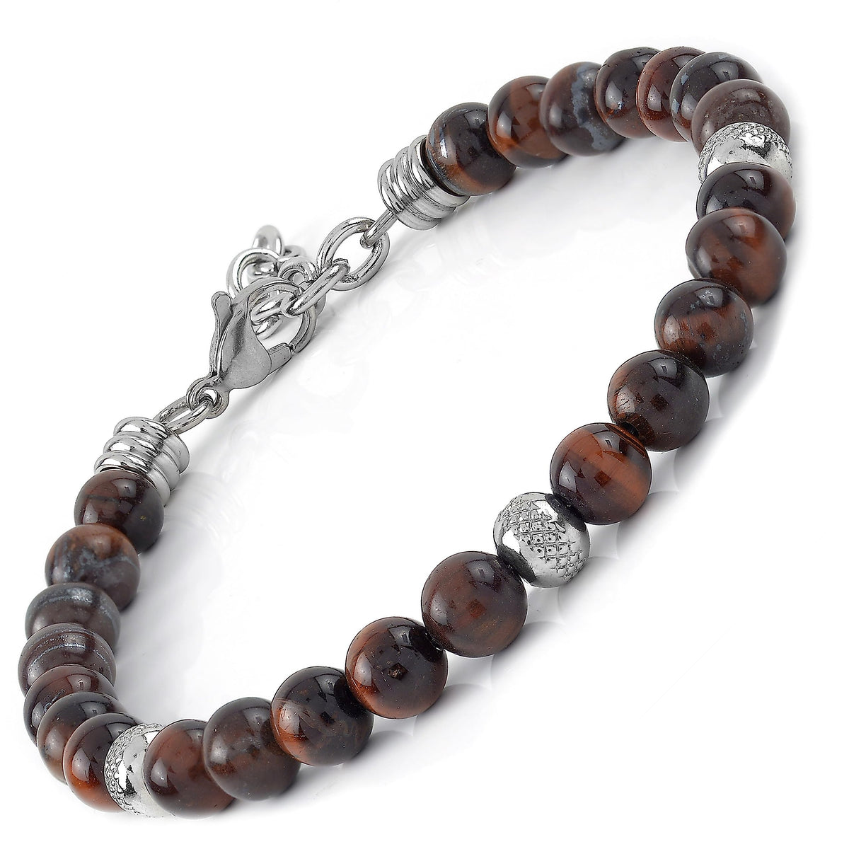 10:10 Beaded Bracelet for Men and Women – Natural Red Tiger Eye Gemstones and Stainless Steel – Adjustable & Durable & Elegant – Made in Italy