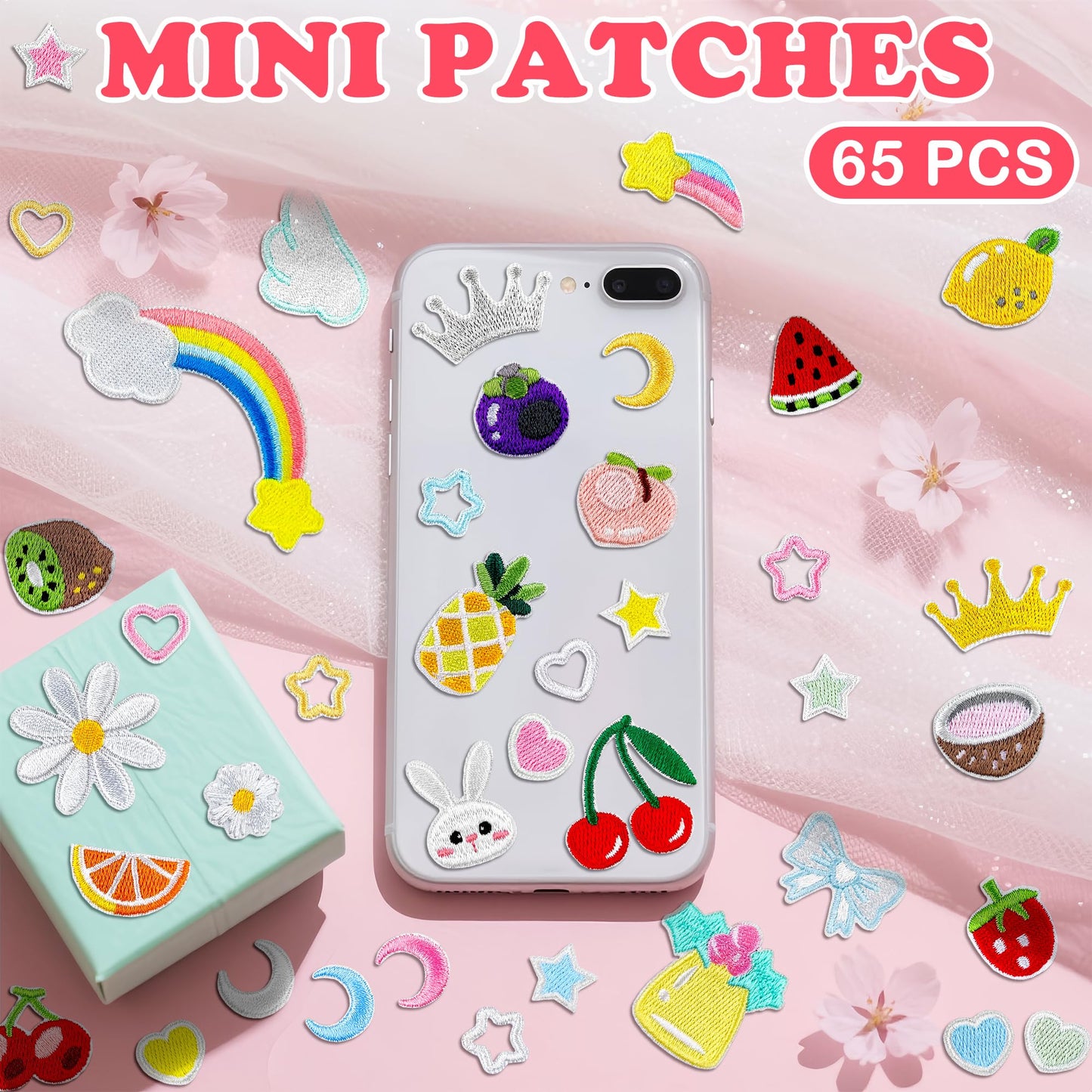 Mini Iron On Patches for Clothes 65Pcs Cute Self Adhesive Embroidered Patches Set with Daisy, Fruits-Kids DIY Trucker Hat Patches for Jackets, Bags, Leis
