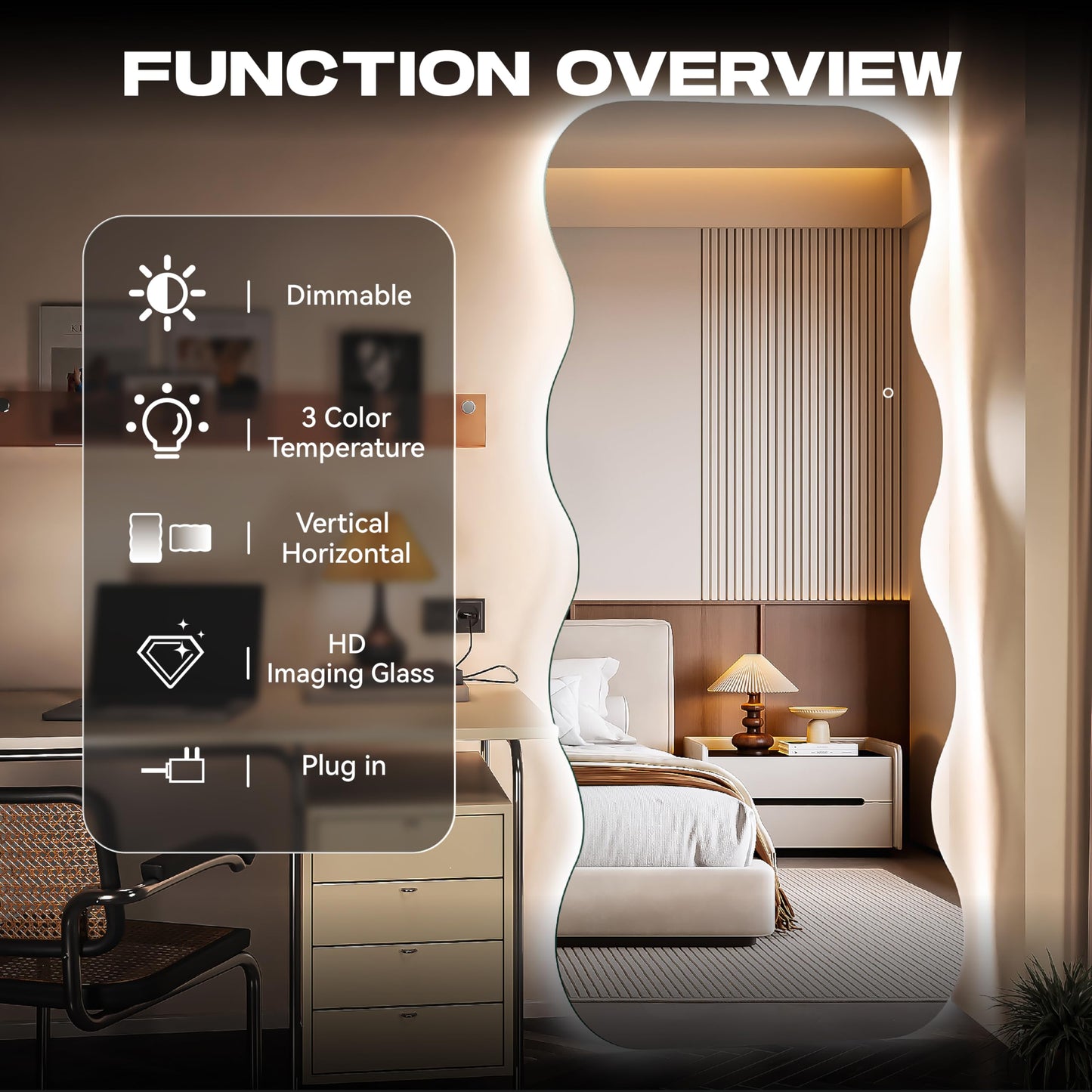Hasipu Wavy Full Length Mirror with Lights - 79"×35" LED Wavy Floor Mirror, Frameless, Dimmable, Standing or Vertical/Horizontal Wall-Mounted Mirror for Bedroom, Living Room, Cloakroom