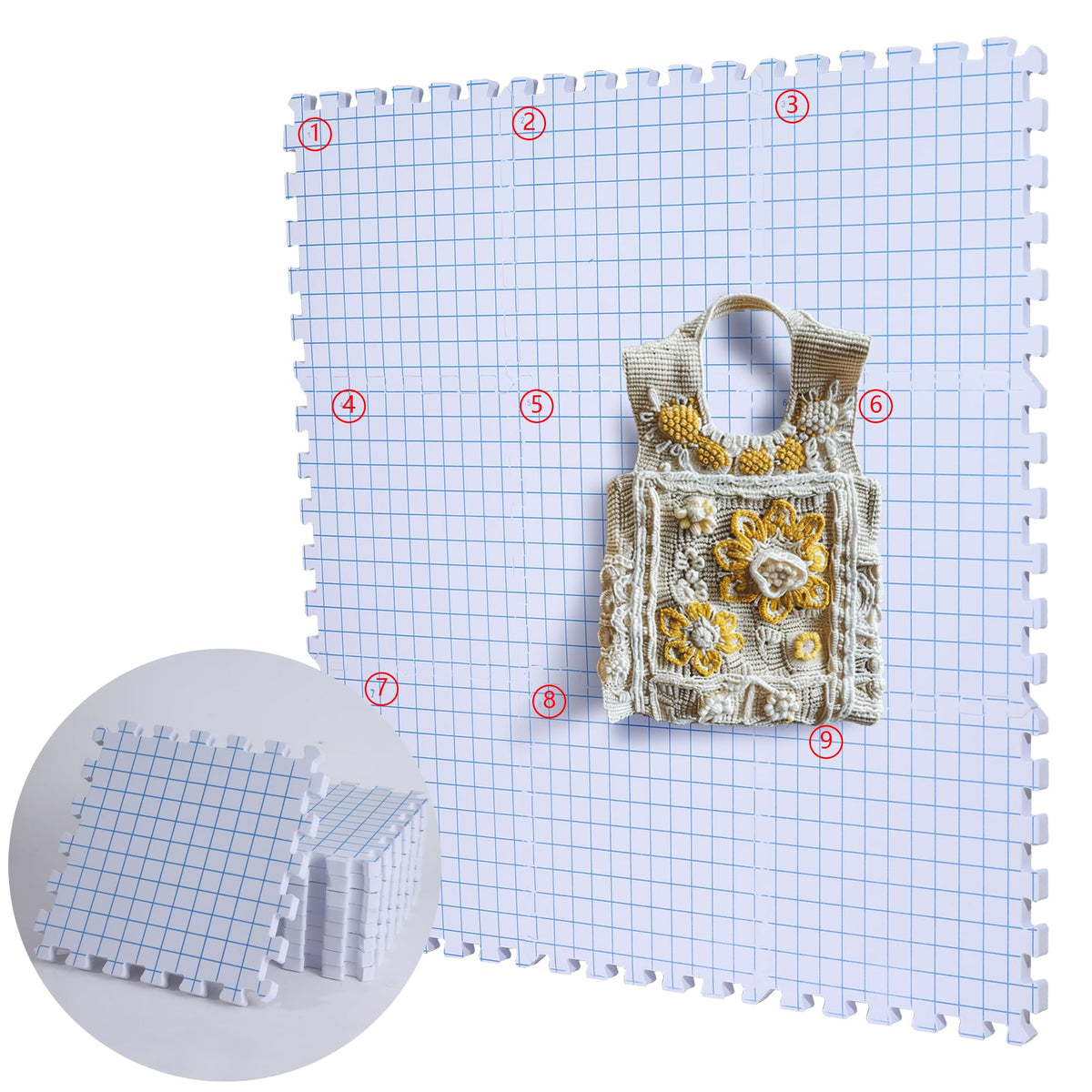 9 Pack Blocking Mats for Knitting & Crochet Project, Extra Thick Knitting Blocking Mat with Grid Lines，Knitting Mats with 100 T-Pins and Storage Bag