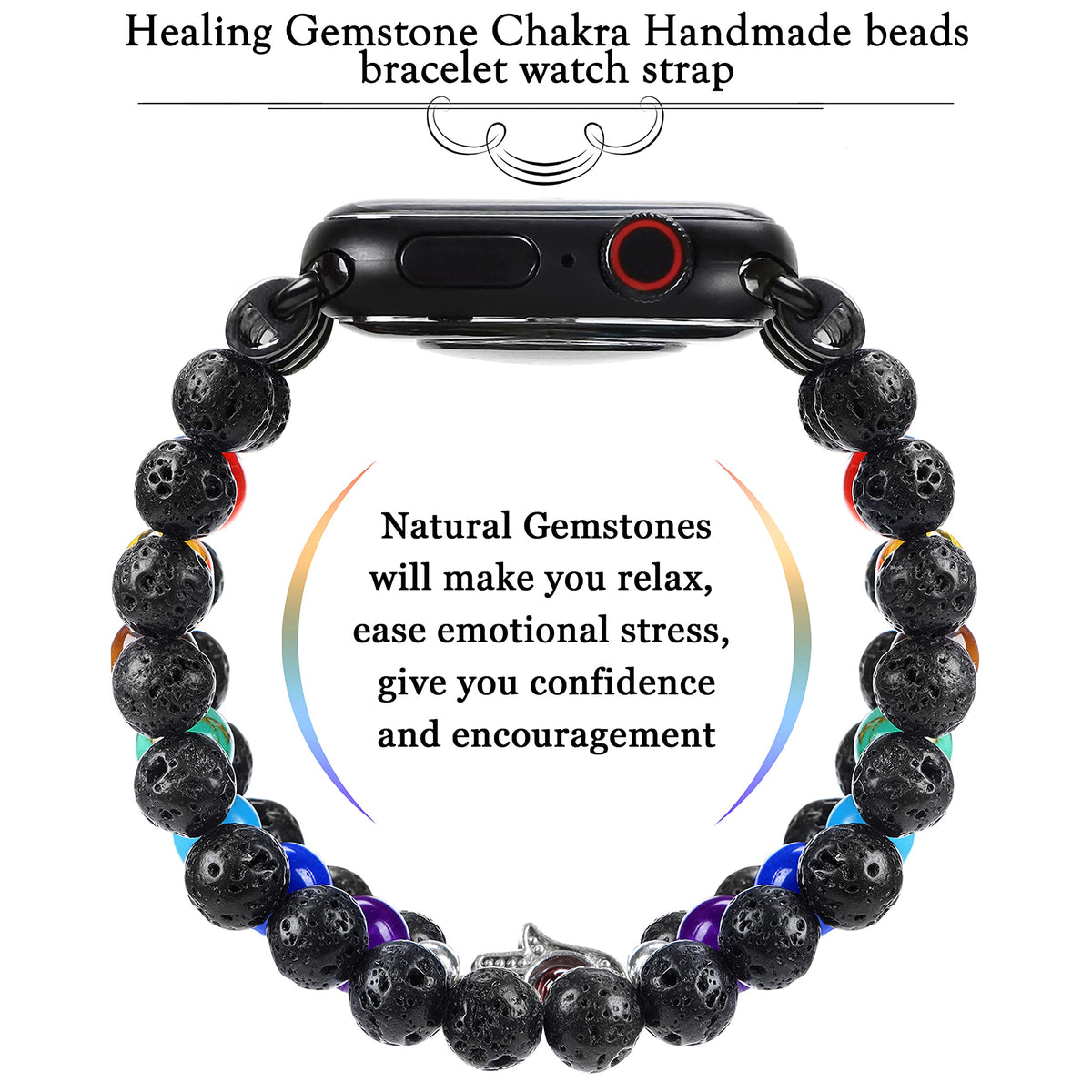 Chakra Healing Bracelet Lava Rock Protection Hamsa Hand Beaded Band Compatible with Apple Watch 10 9 8 7 SE 6 5 4 3 iwatch 38mm 40mm 42mm 44mm with Stainless Steel Adapter