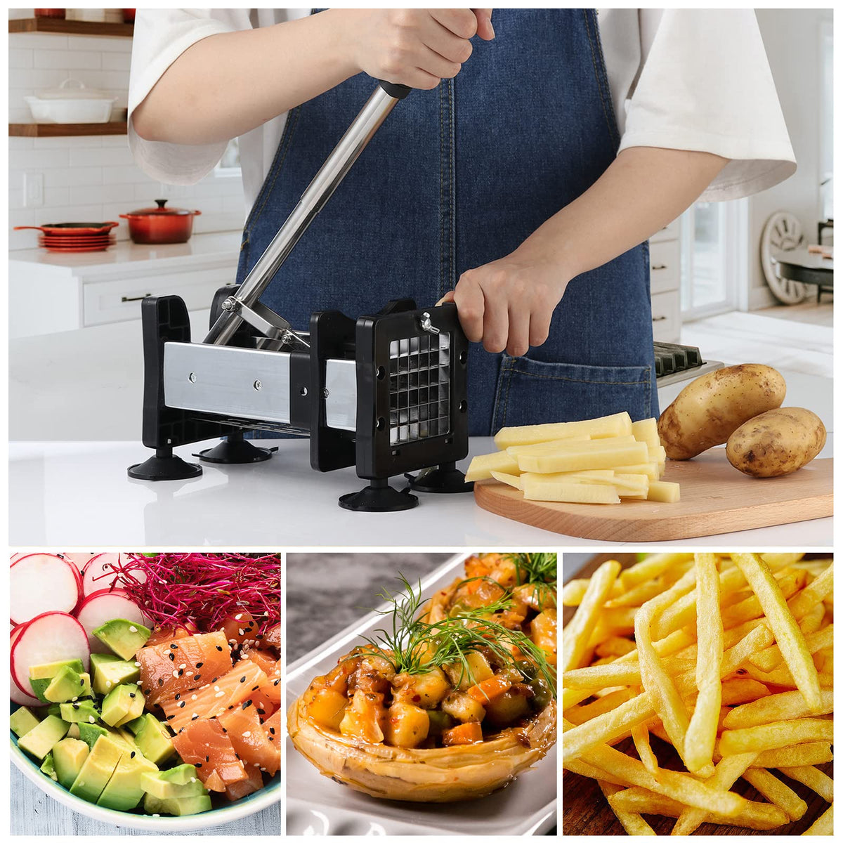 Redhoney French Fry Cutter Stainless Steel Potato Cutter With 1/2" and 3/8" Commercial Grade Blades, Vegetable Cutter Chopper for Vegetables, Cucumbers, Potatoes