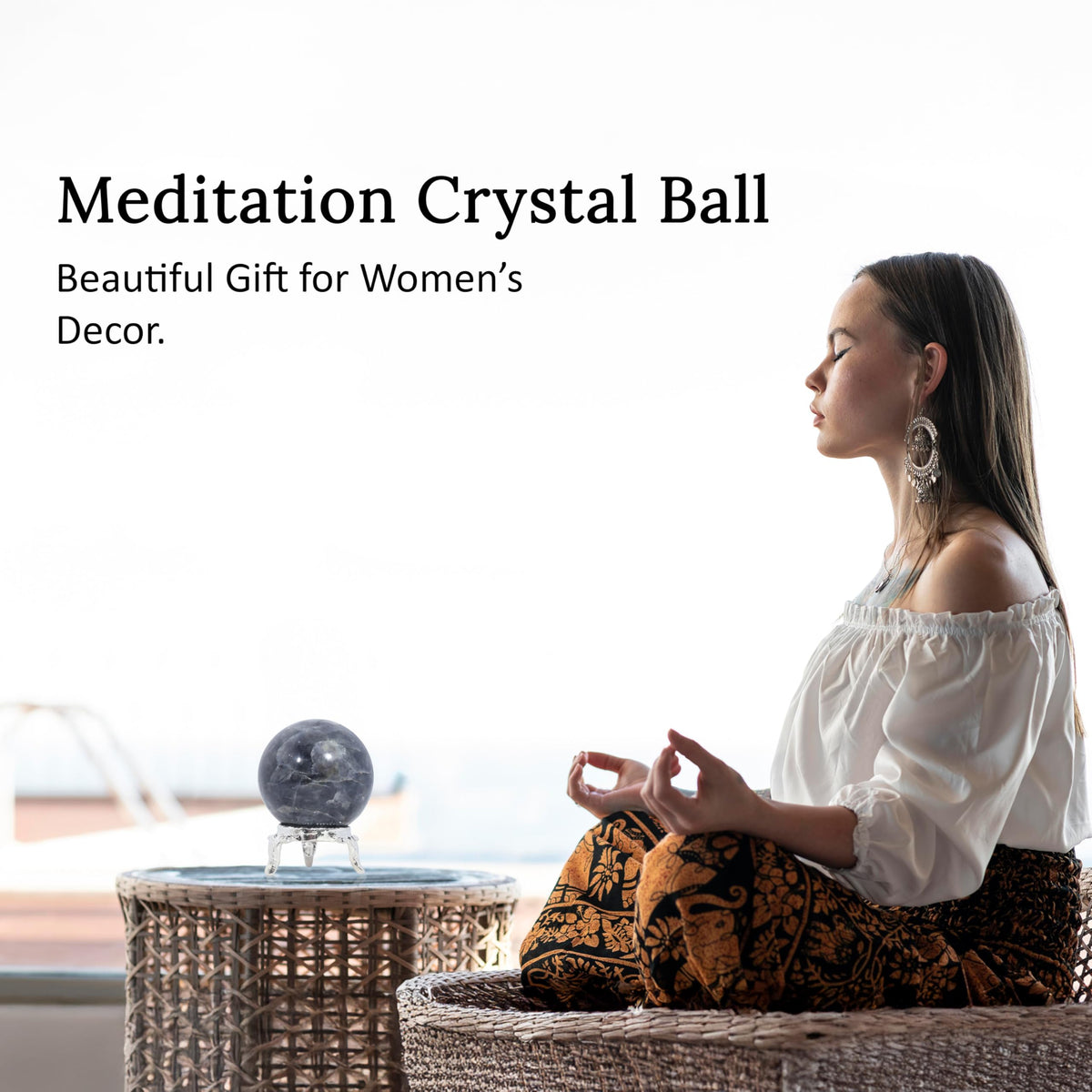 Crocon 45mm Iolite Stone Sphere Ball with Metal Stand 1400+ Carats Gemstone Ball Healing Sphere Sculpture Figurine for Fengshui Divination Home Decoration Photography Crystal Sphere