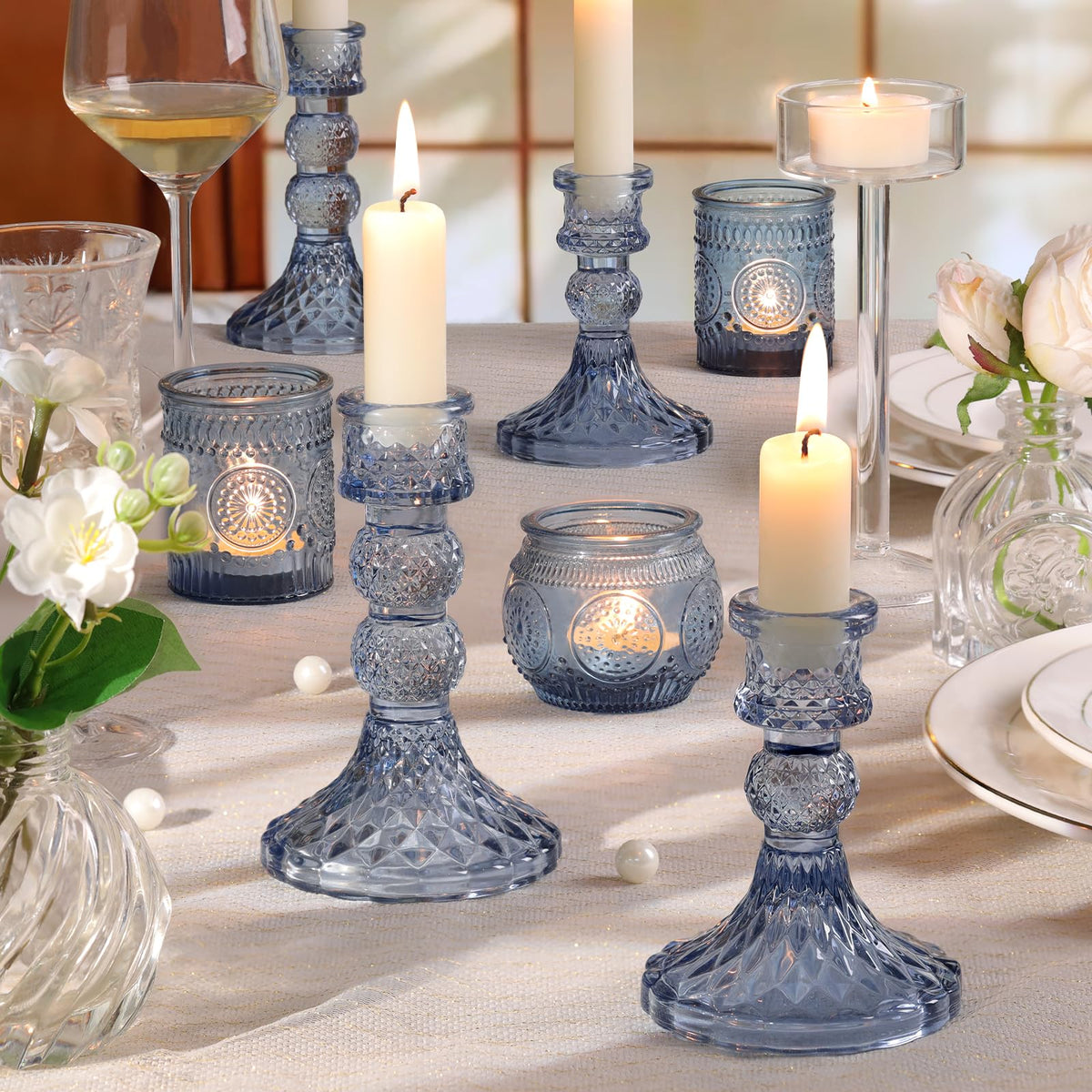 DARJEN Blue Glass Candlestick Holders Set of 6, 4" H & 5" H Taper Candle Holders for Candlesticks & Pillar Candles, Diamond Candle Holders for Wedding Party Table Centerpiece, Home Decor