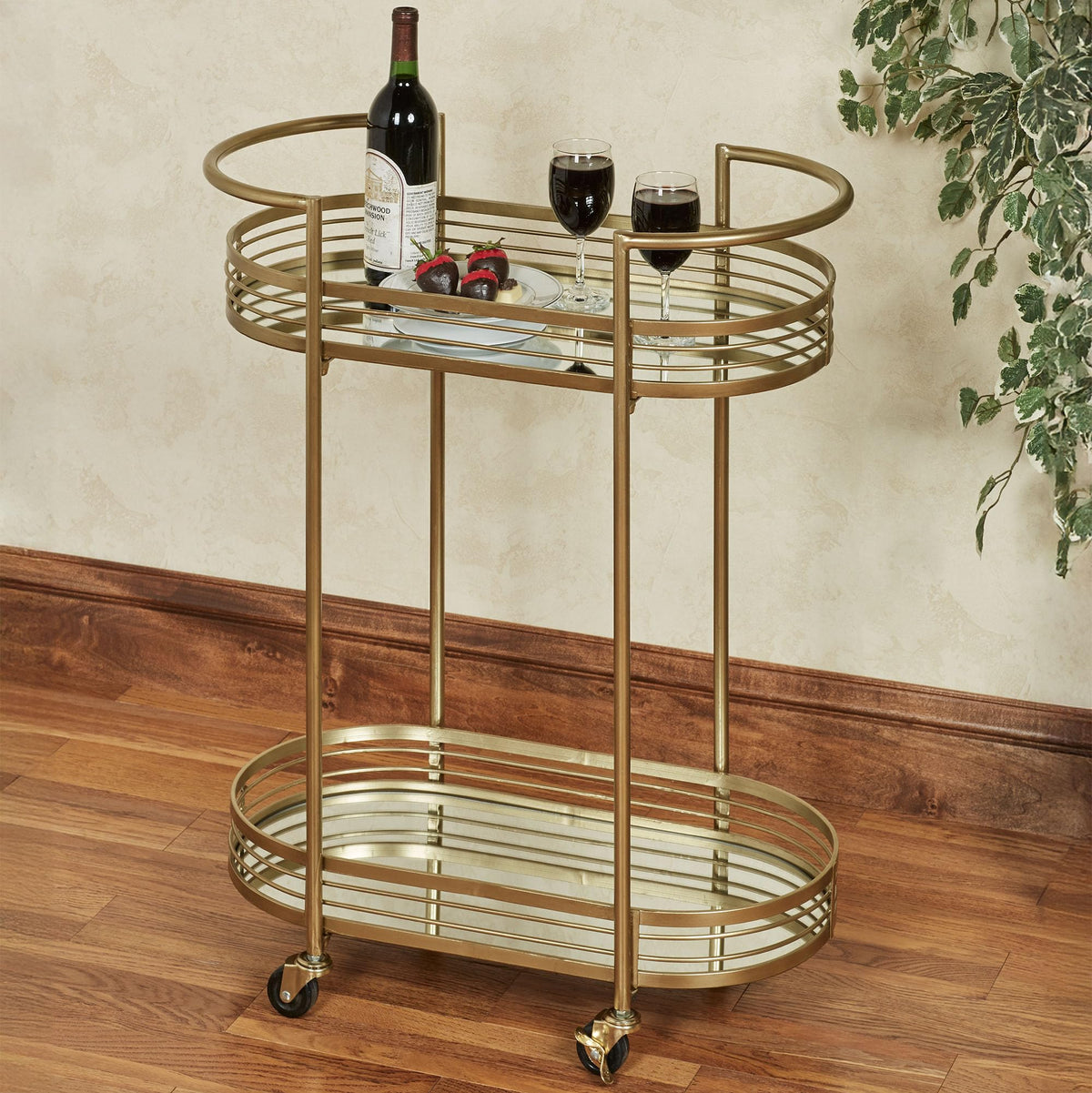 Touch of Class Stylish Contemporary Delta Mirrored Rolling Serving Cart Locking Casters Gold