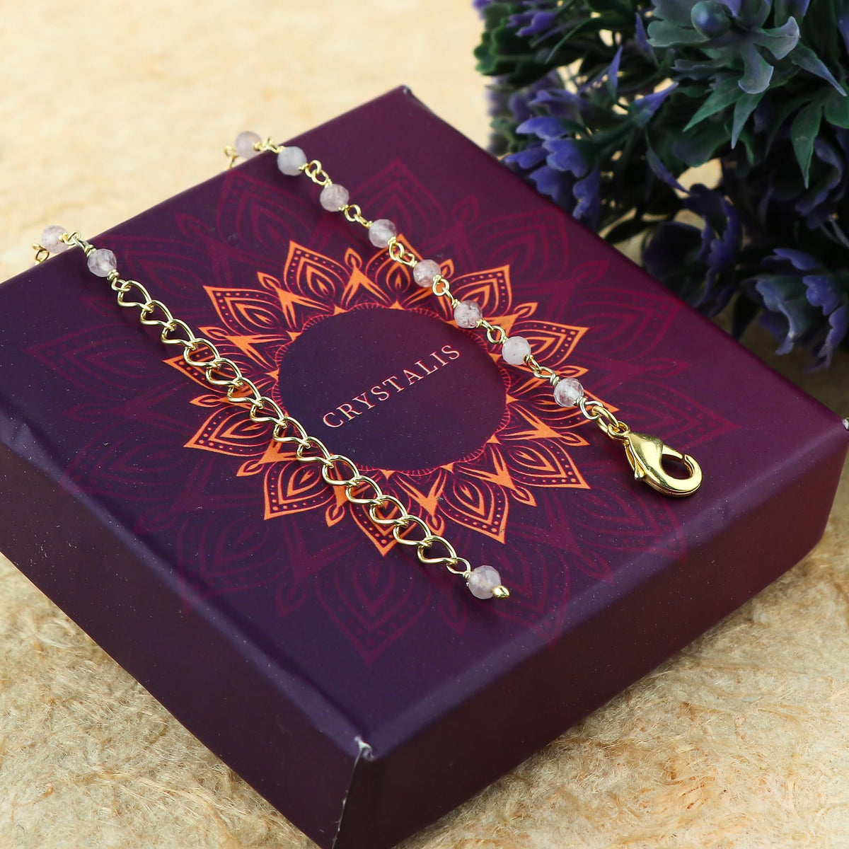 JOR Natural Strawberry Quartz Beaded Rosary Anklet, Handmade Craft, Anklet Beads Bracelet, Chakra Healing Anklet, Gemstone Women Jewelry, Dainty Gold Plated Anklet 9 inch + 2 inch (1pcs)