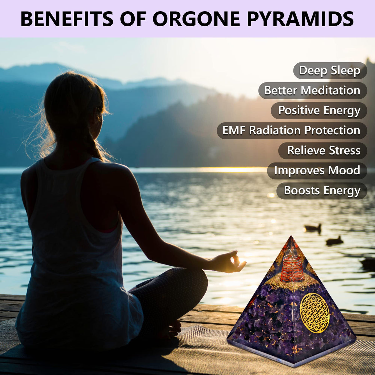 Anaya Agate Orgone Pyramid – Handmade Amethyst Crystal Pyramid – Orgonite Pyramids with Amethyst Crystal Stone, Flower of Life – Crystals and Healing Stones for Spiritual Wisdom and Awakening