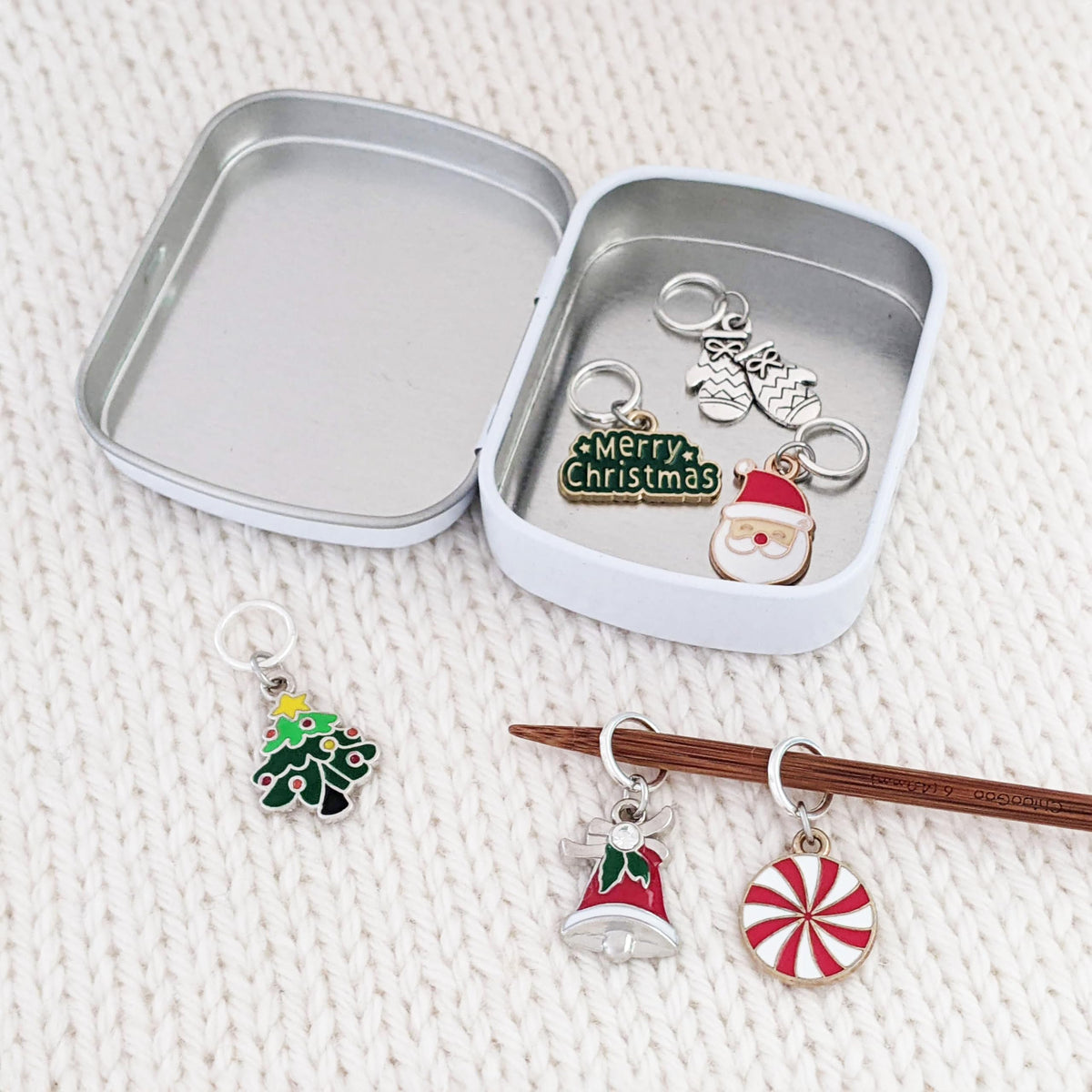 Pretty Warm Designs Christmas Knitting Stitch Markers - Set of 6 Handmade Holiday Enamel Charms in Storage Tin - Snag Free Ring Style Knitting Notions