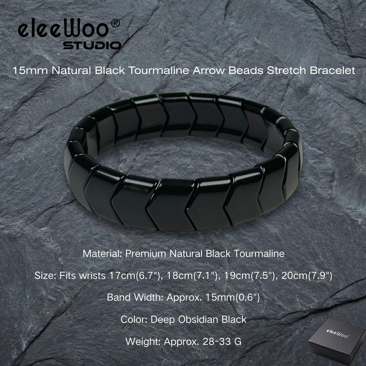 eleewoo Handmade 15mm Arrow Black Tourmaline Bracelet for Men Women, Bold Statement Grounding & Protection Crystal Jewelry, Beaded Stretch Bracelet in Premium Gift Pouch
