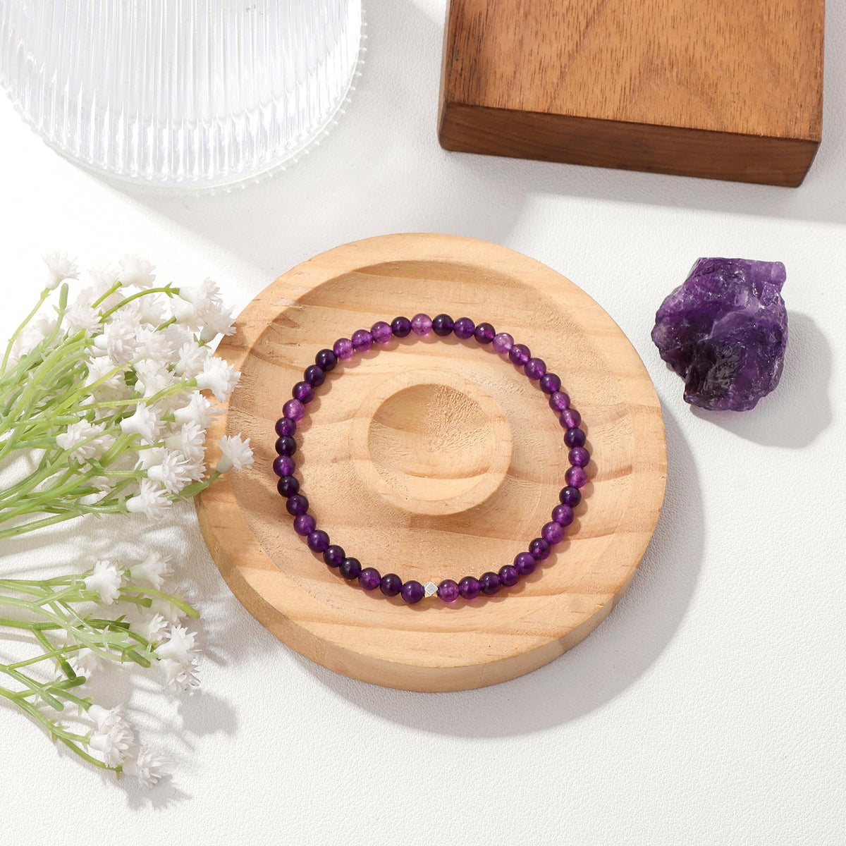 Raicegs 4MM Amethyst Beaded Bracelets Healing Crystal Bracelet for Women Men Natural Stone Handmade Stretch Bracelet Reiki Spiritual Jewelry