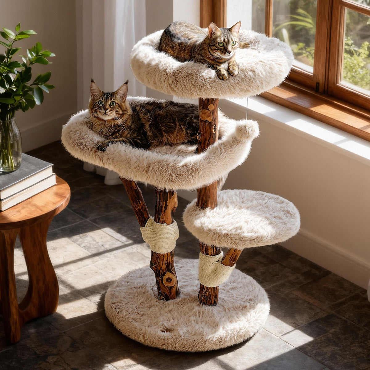 Aesthetic Cat Tree Tower for Large Cats, Large Cat Tree for Maine Coon Indoor Cats with Faux Fox Fur, Solid Wood Sisal Scratching Post, Perches, Platform & Toy Ball