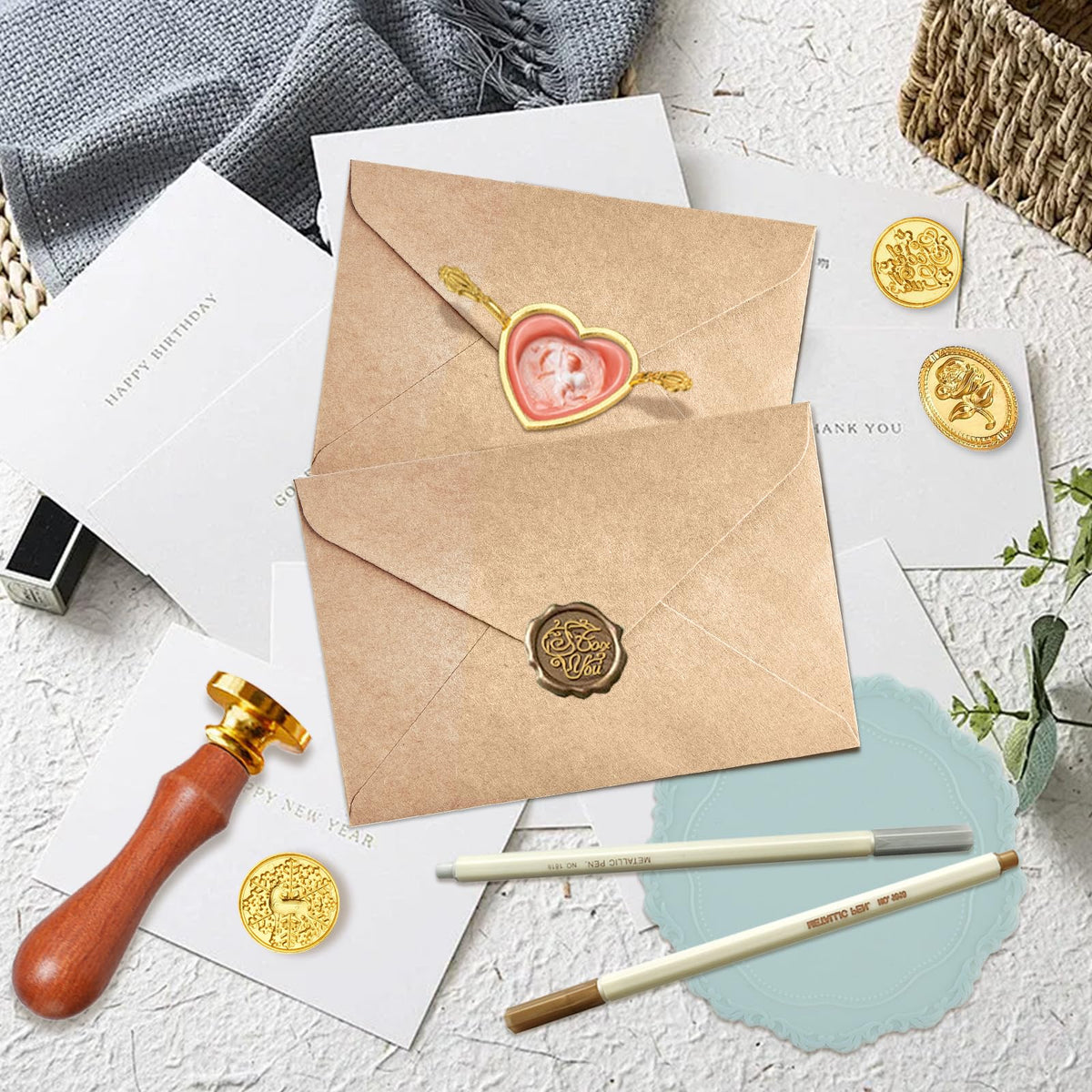 BATHRINS Wax Seal Stamp Kit-23Pcs Sealing Stamp Heads,Wooden Handle,Metal Seal Mold,Silicone Mat,Color Pen for Party Wedding Invitation Cards Envelopes Gift Wrapping Letter