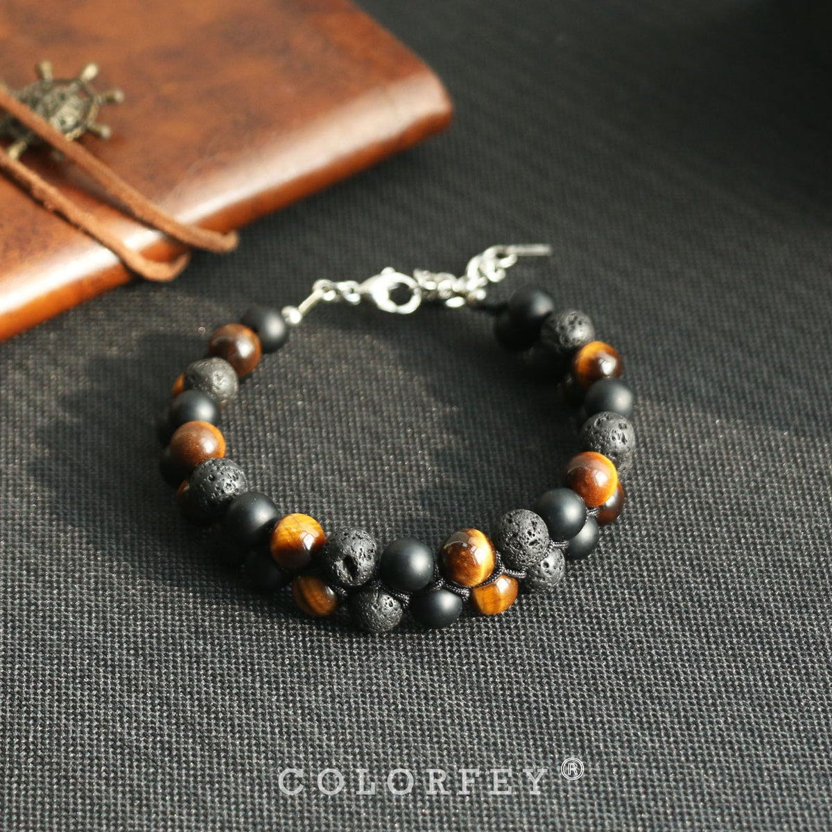Triple Protection Bracelet for Men Women, COLORFEY Authentic Mens Bracelet Genuine Tiger Eye Black Onyx Lava Rock Crystal Bracelets, 8”Adjustable Beaded Bracelet for Men Grounding and Confidence