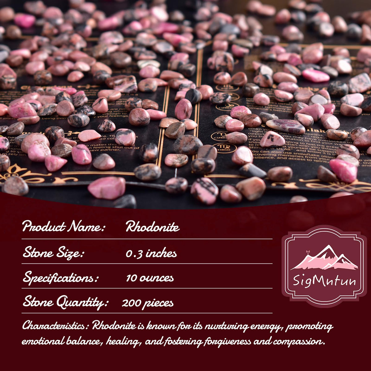 SigMntun Polished Rhodonite Crystal Chips 200 Pcs - 0.3" 10 oz Tumbled Stone Chips Crushed Sea Glass Stones Healing Reiki Crystal Making Home Decoration