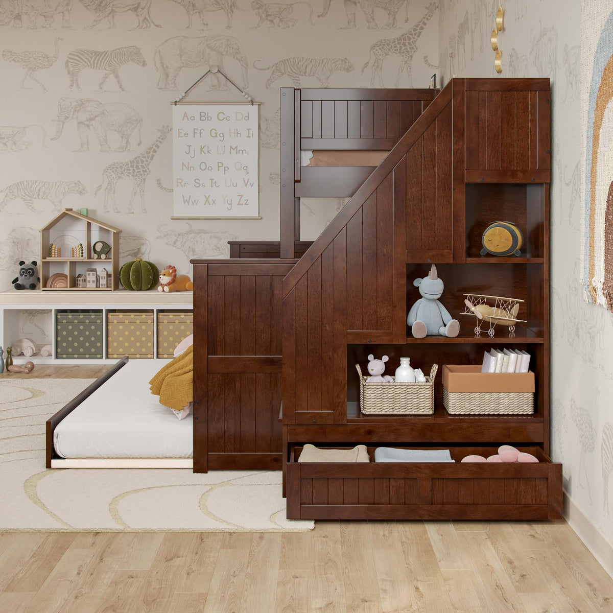 AFI, Dover Twin Over Full Staircase Bunk Bed with Storage Drawer and Twin Trundle, Walnut