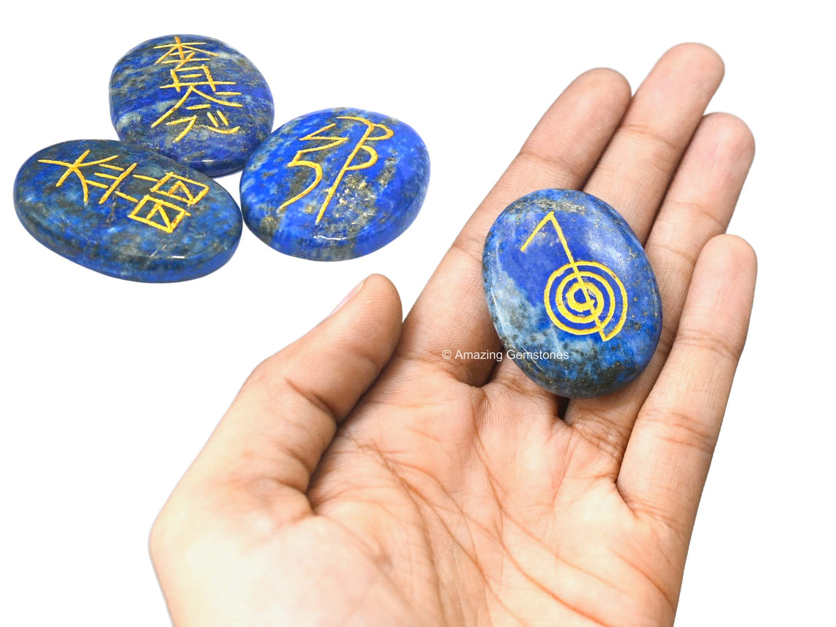 Amazing Gemstone Lapis Lazuli Crystal Reiki Stones with Engraved Symbols for Usui Reiki Healing, Set of 4 Pcs (Indian Handmade Reiki Gift Set)