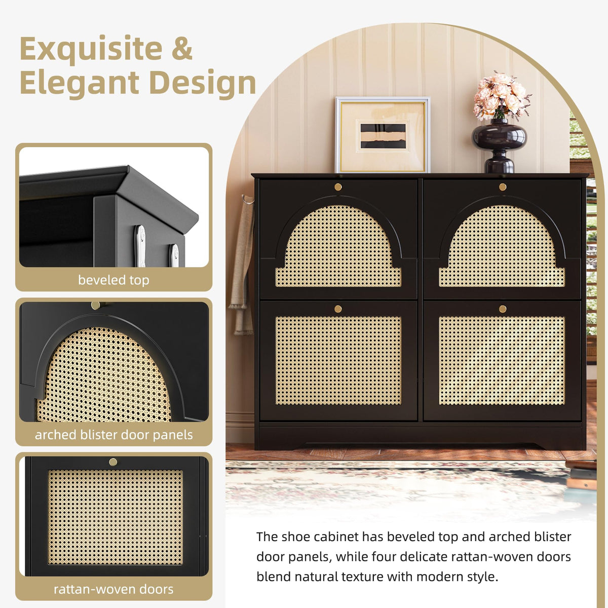 Merax Shoe Cabinet Storage with 4 Flip Drawers, Free Standing Shoes Organizer with 4 Rattan Doors for Entryway, Narrow Tipping Bucket Rack, with 2 Hooks, Black